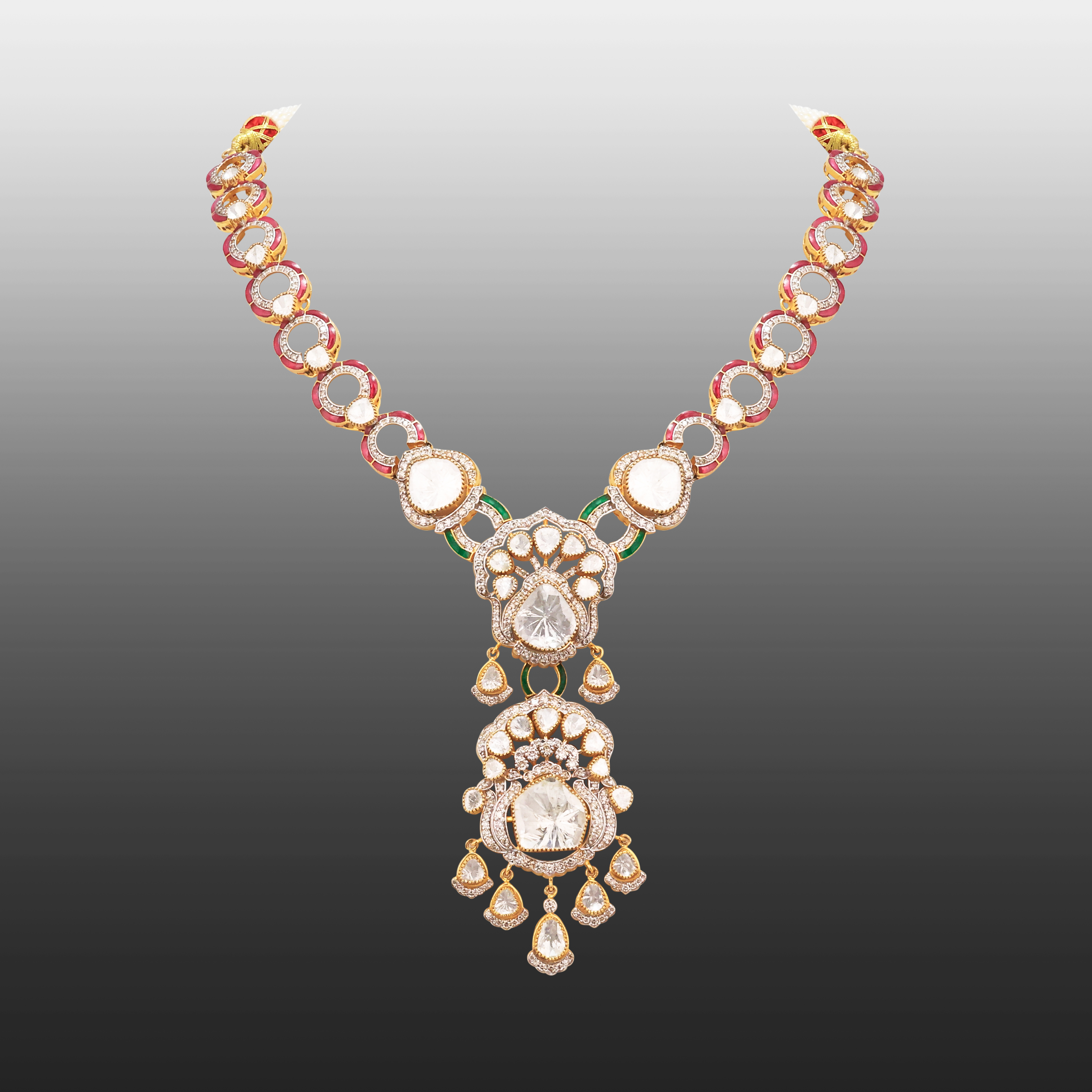 Double Polki Pendant Necklace with Ruby-Emerald Talaf