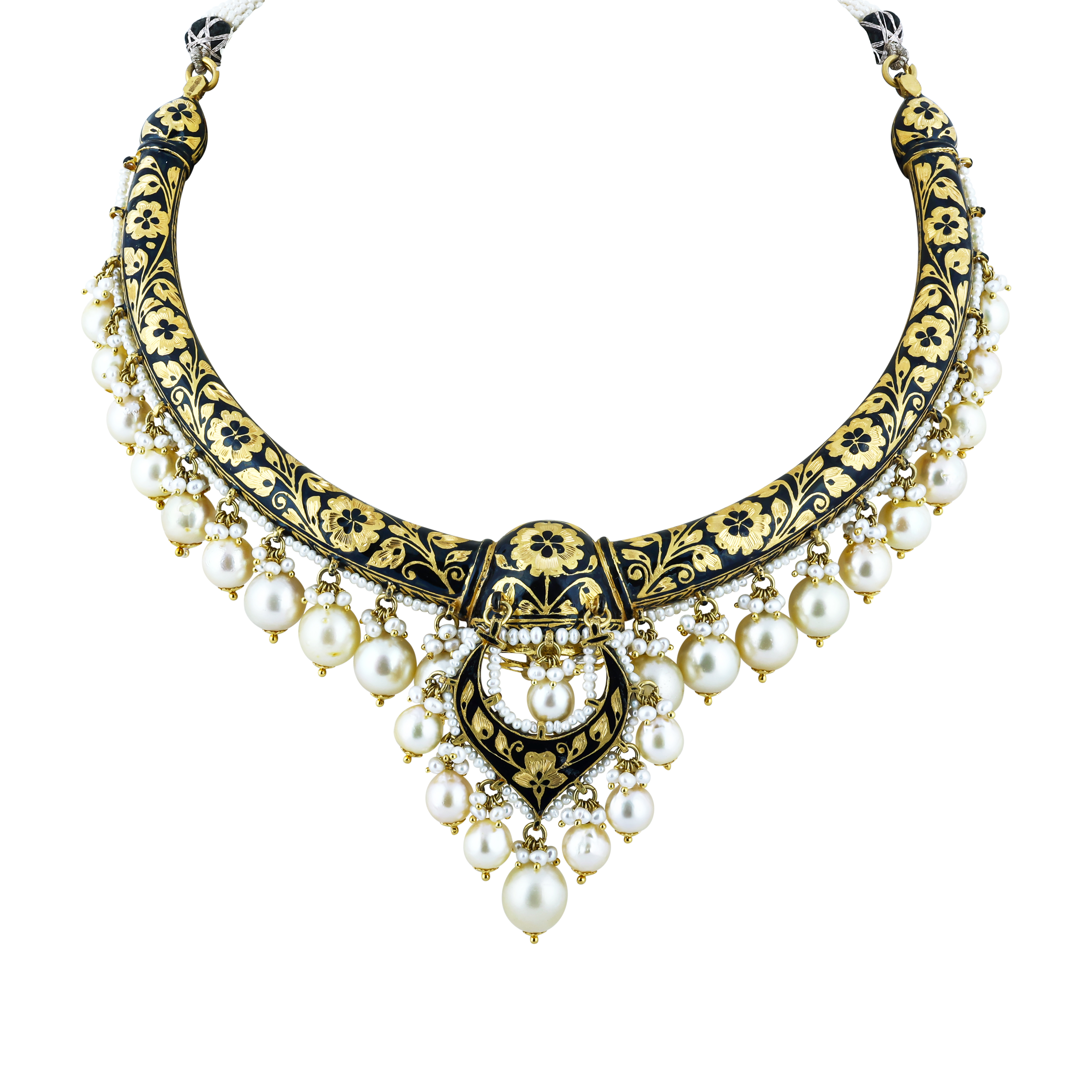 Hasli Polki Necklace Set with Black Enamel and Pearls
