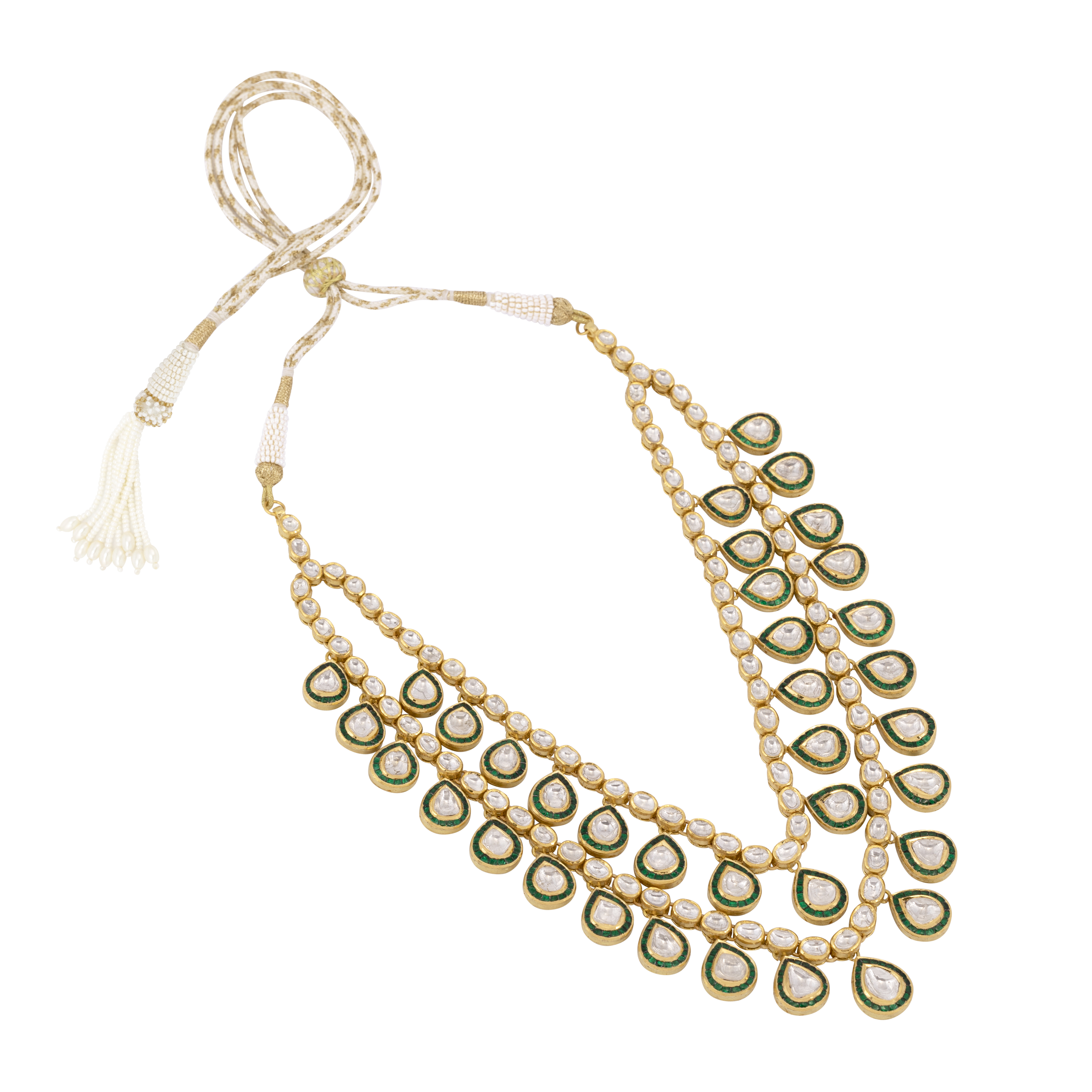 Double-Layered Uncut Diamond Polki Necklace with Green Enamel Border