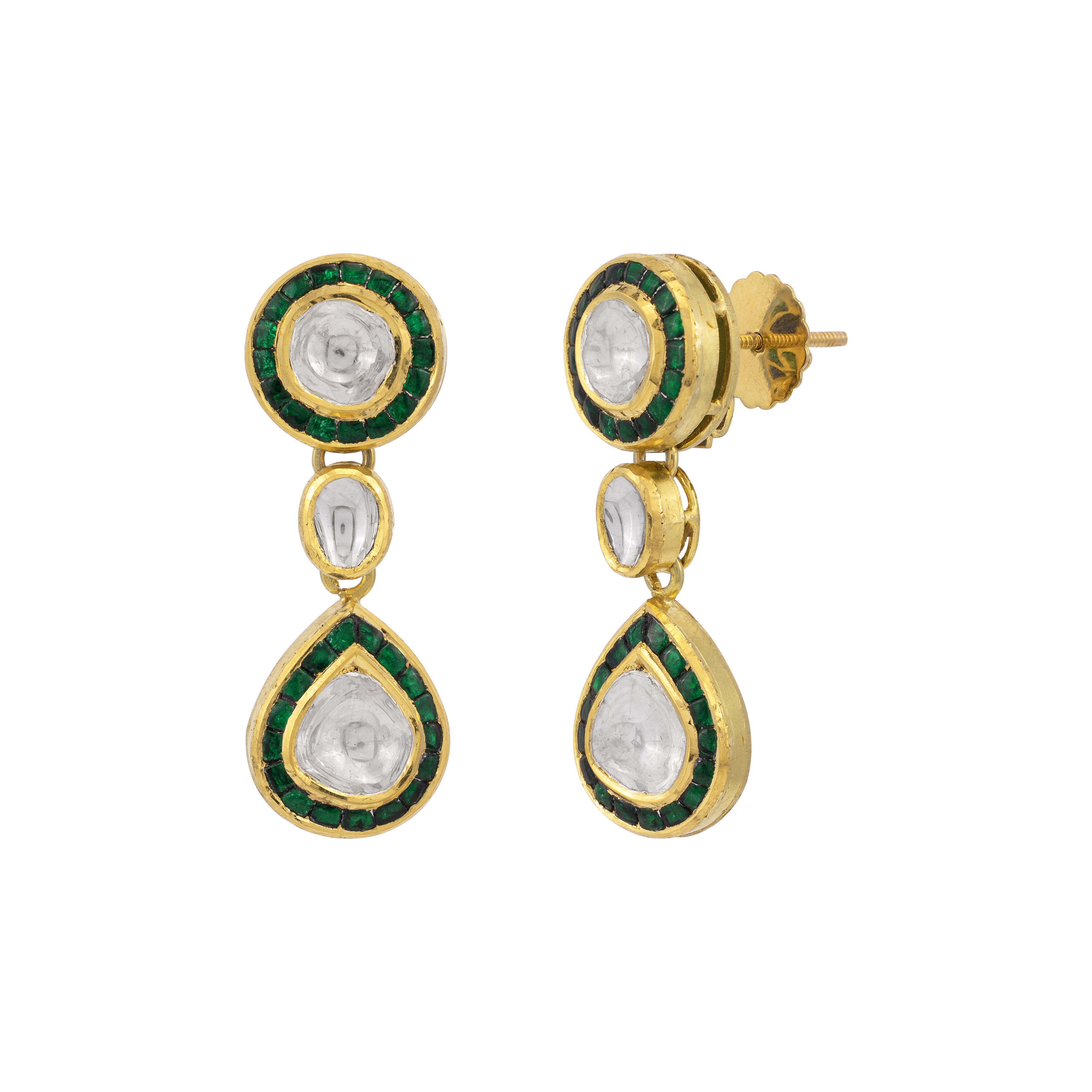 Polki Drop Earrings with Green Enamel Border