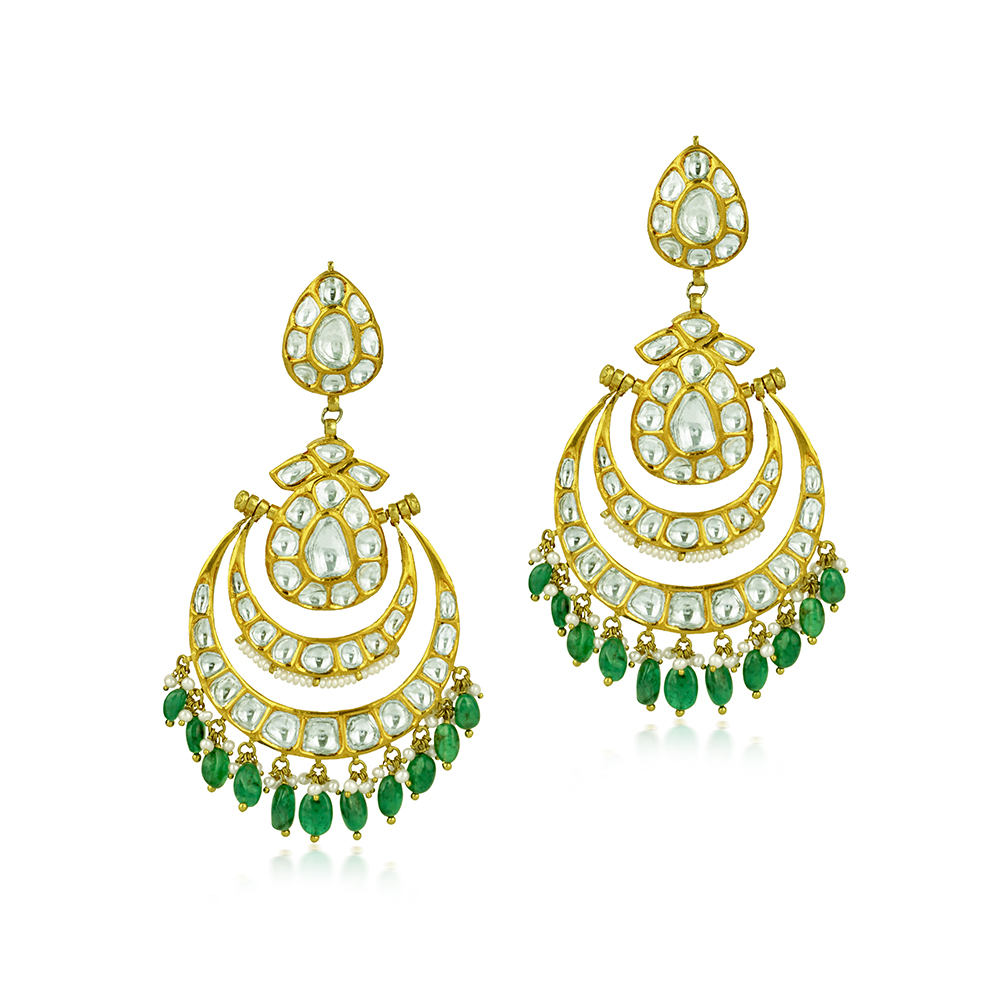 Chandbali Earrings with Polki, Emerald Maniya, and Pearls