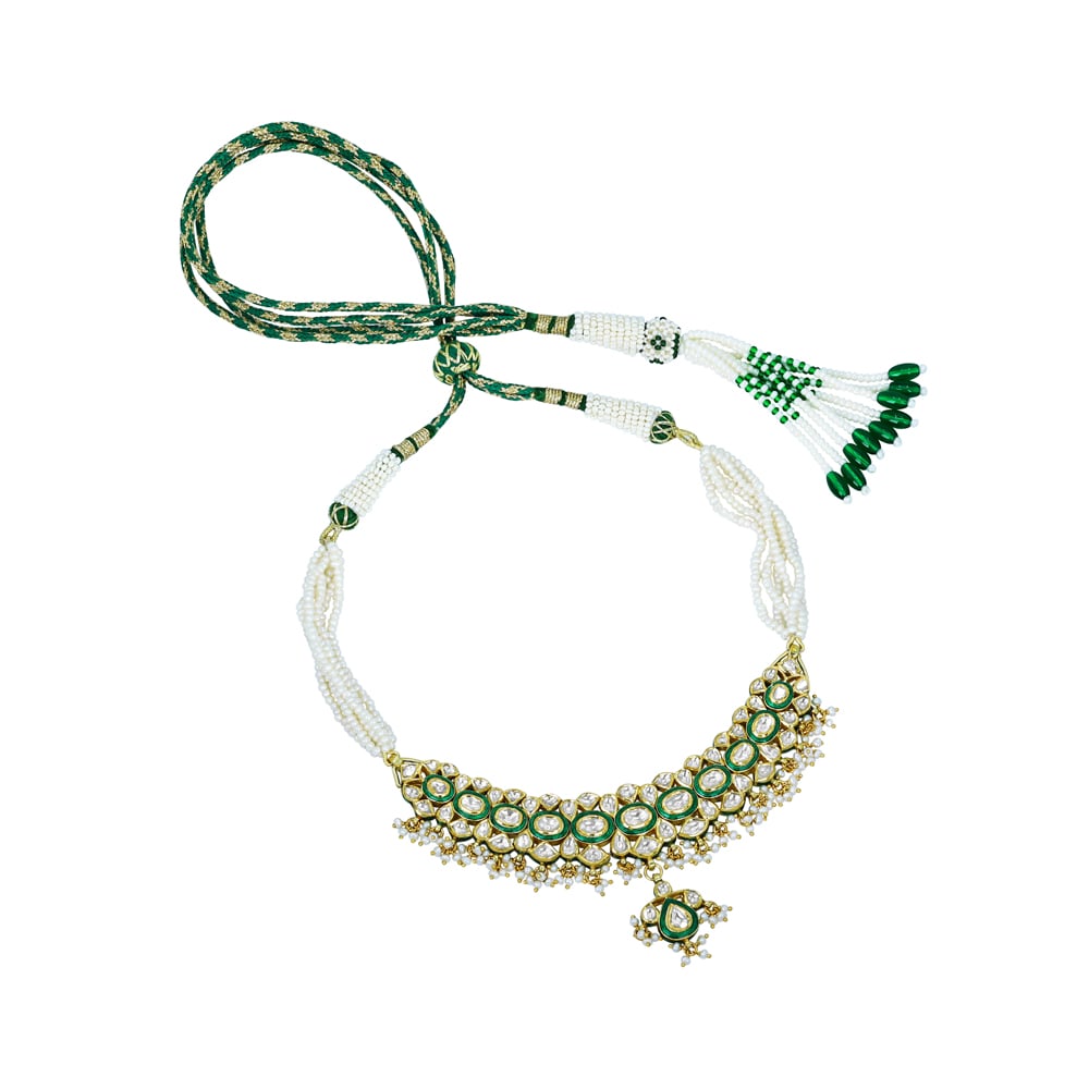 Polki Necklace with Green Enamel and Pearls