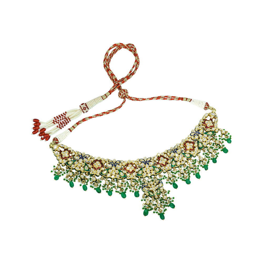 Floral Polki Necklace with Emerald Drops and Enamel