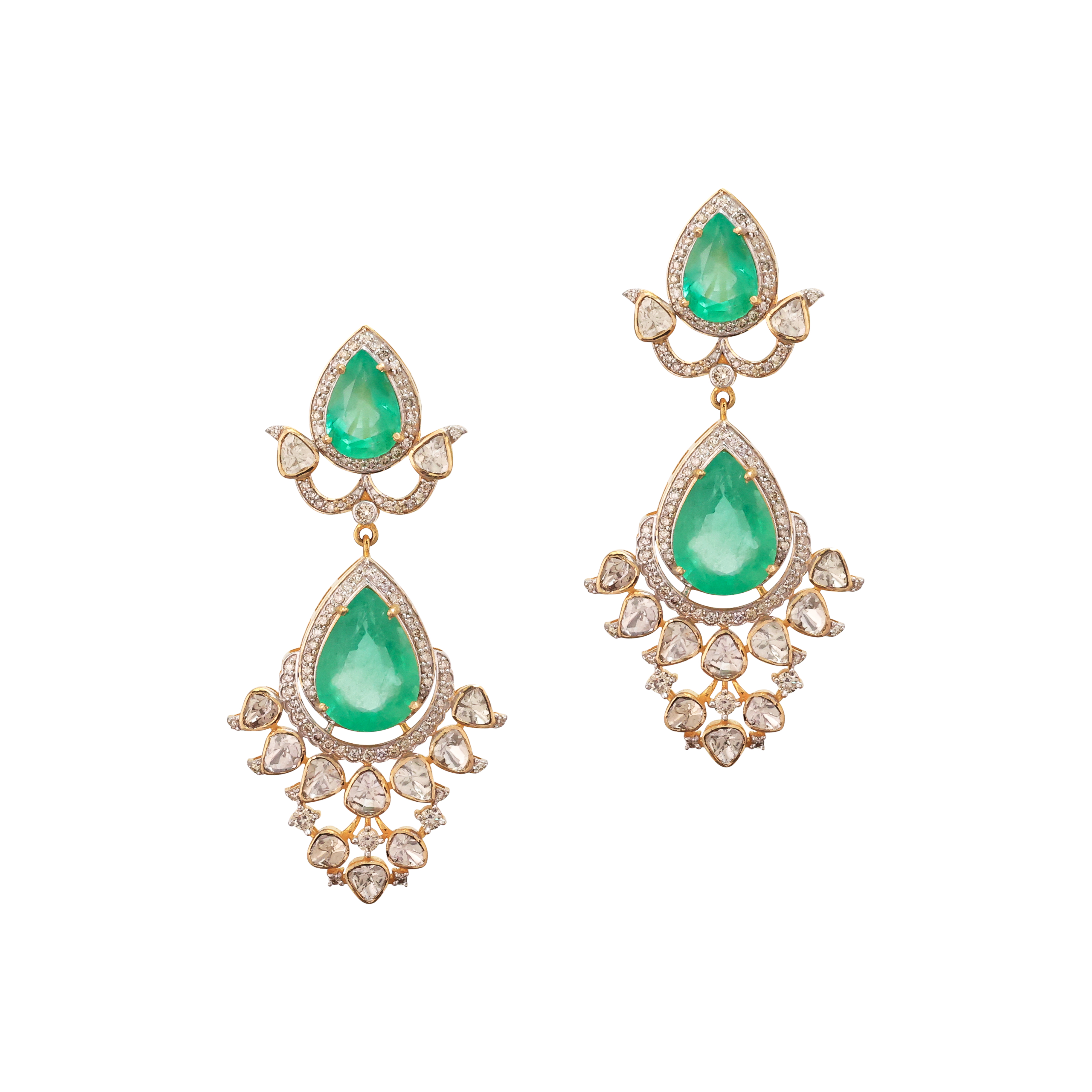 Pear Emerald Necklace Set with Diamond and Polki Detailing