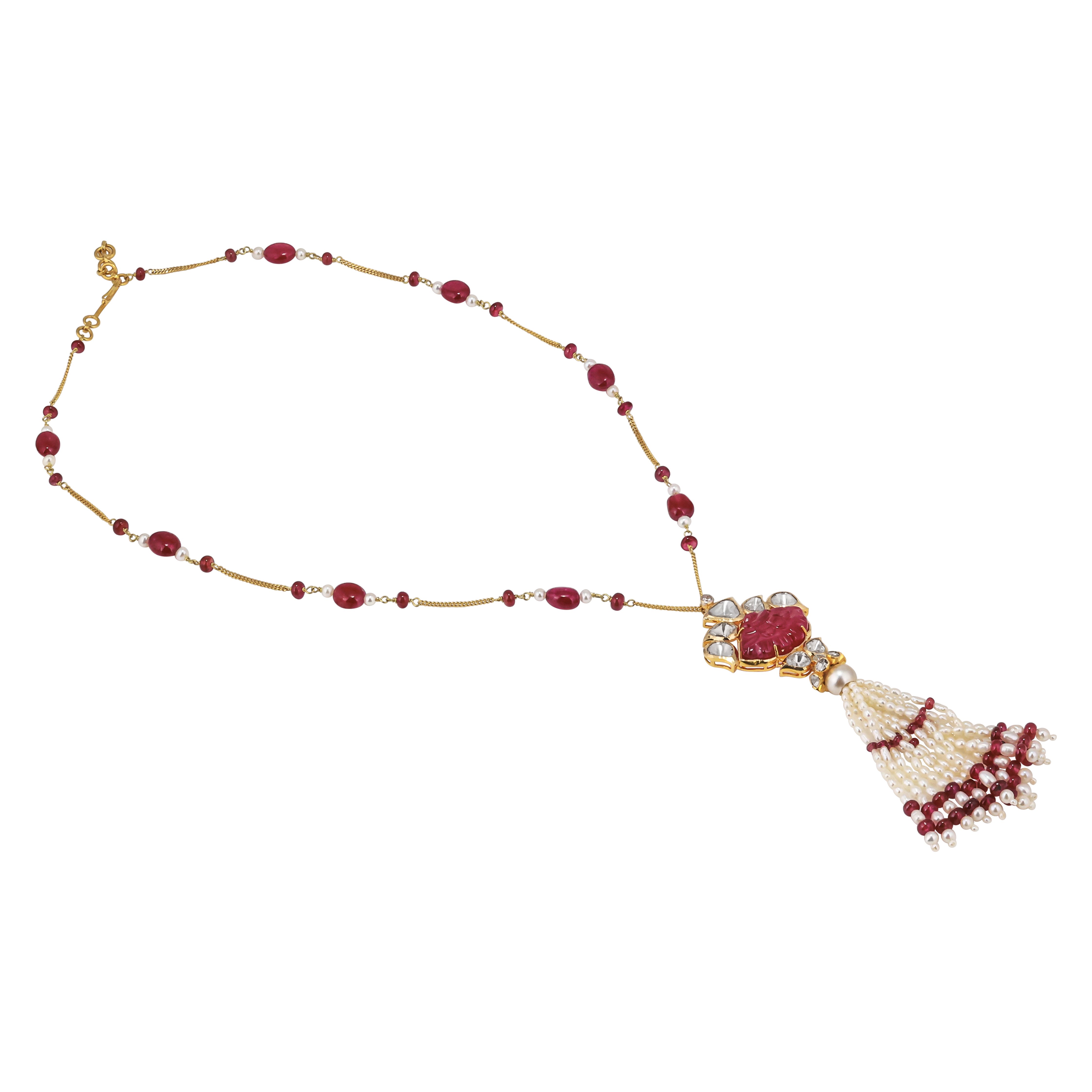 Carved Ruby Pendant Necklace with Pearl Tassel