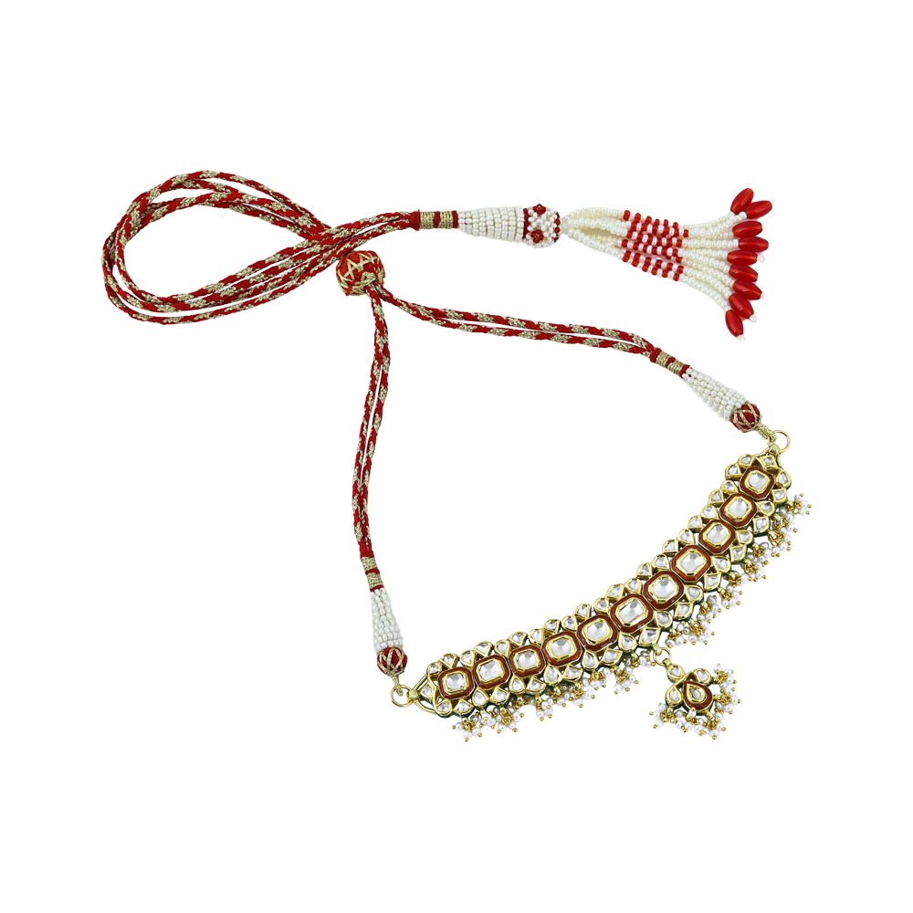 Polki Choker with Red Enamel and Graceful Pearl Clusters
