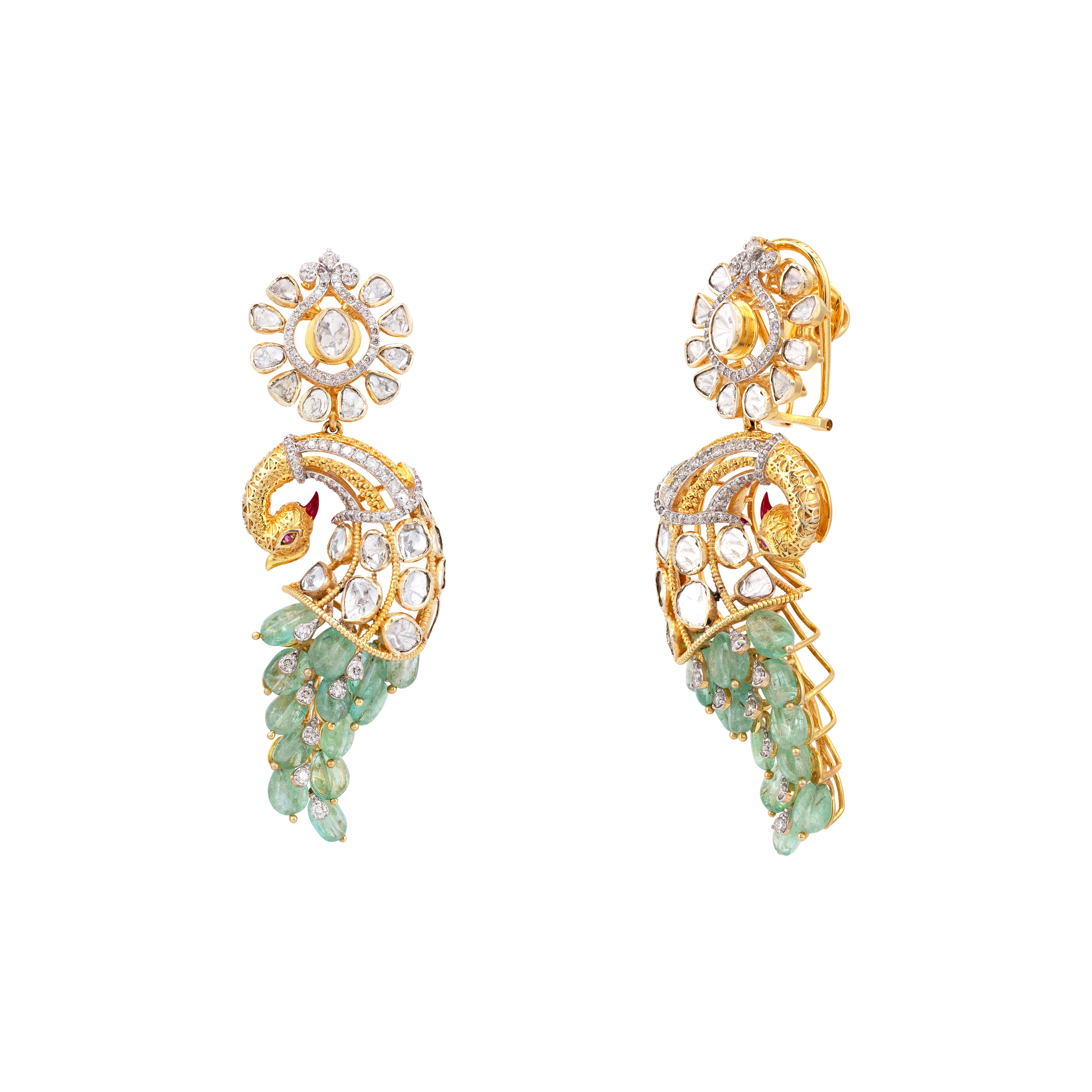 Emerald Feather Polki Peacock Drop Earrings