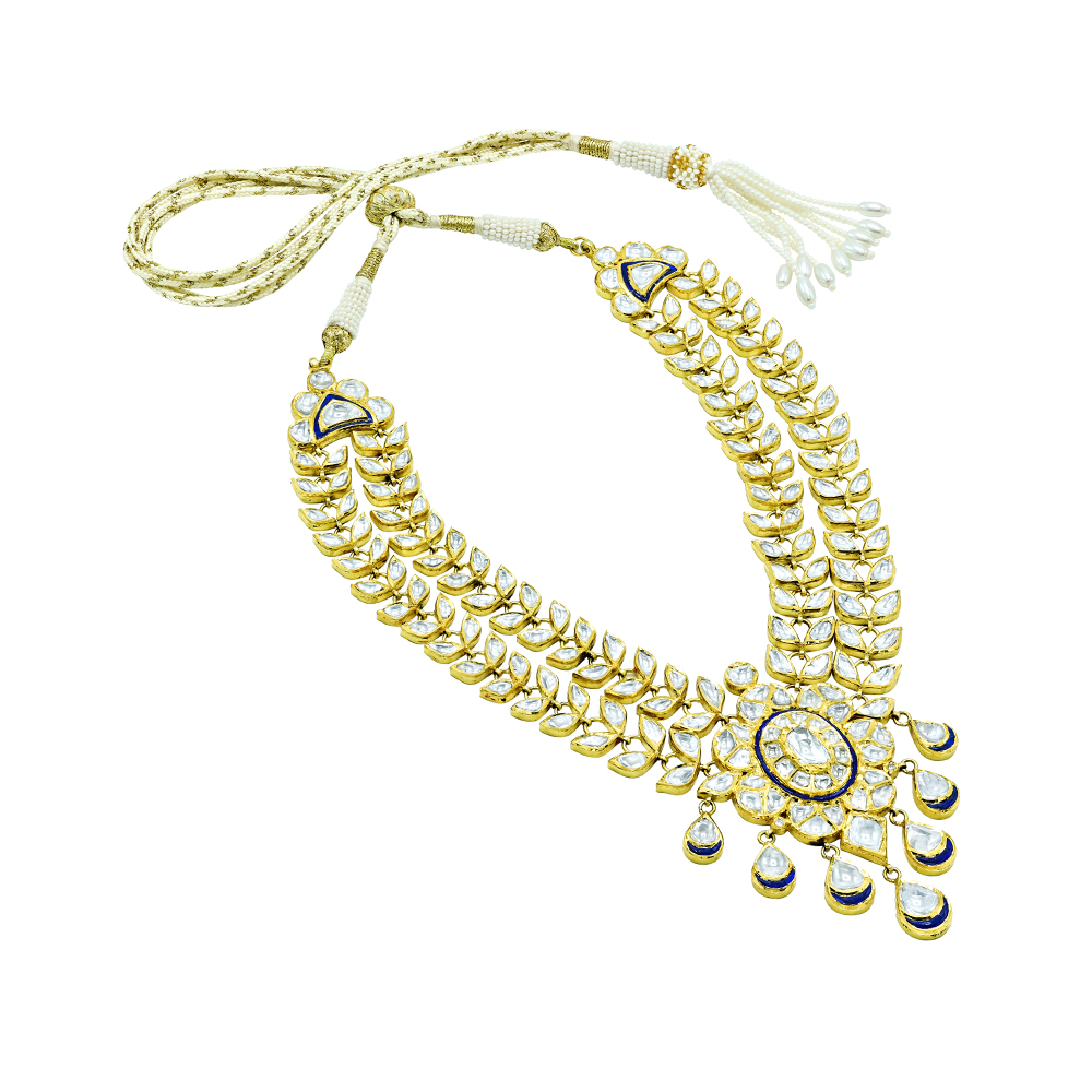 Gold Polki Necklace with Twin Petal Lines and Floral Center