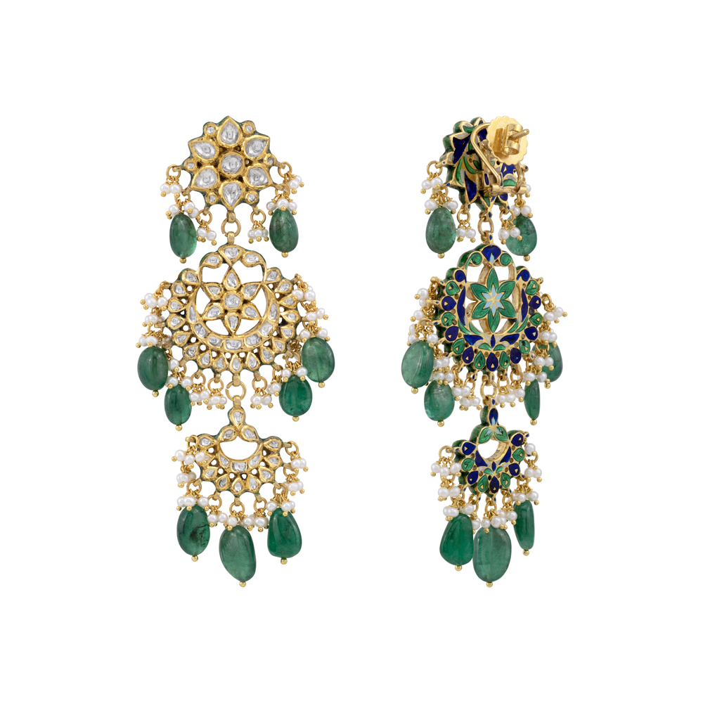 Double-Tier Chandbali Earrings with Emerald and Pearl Drops