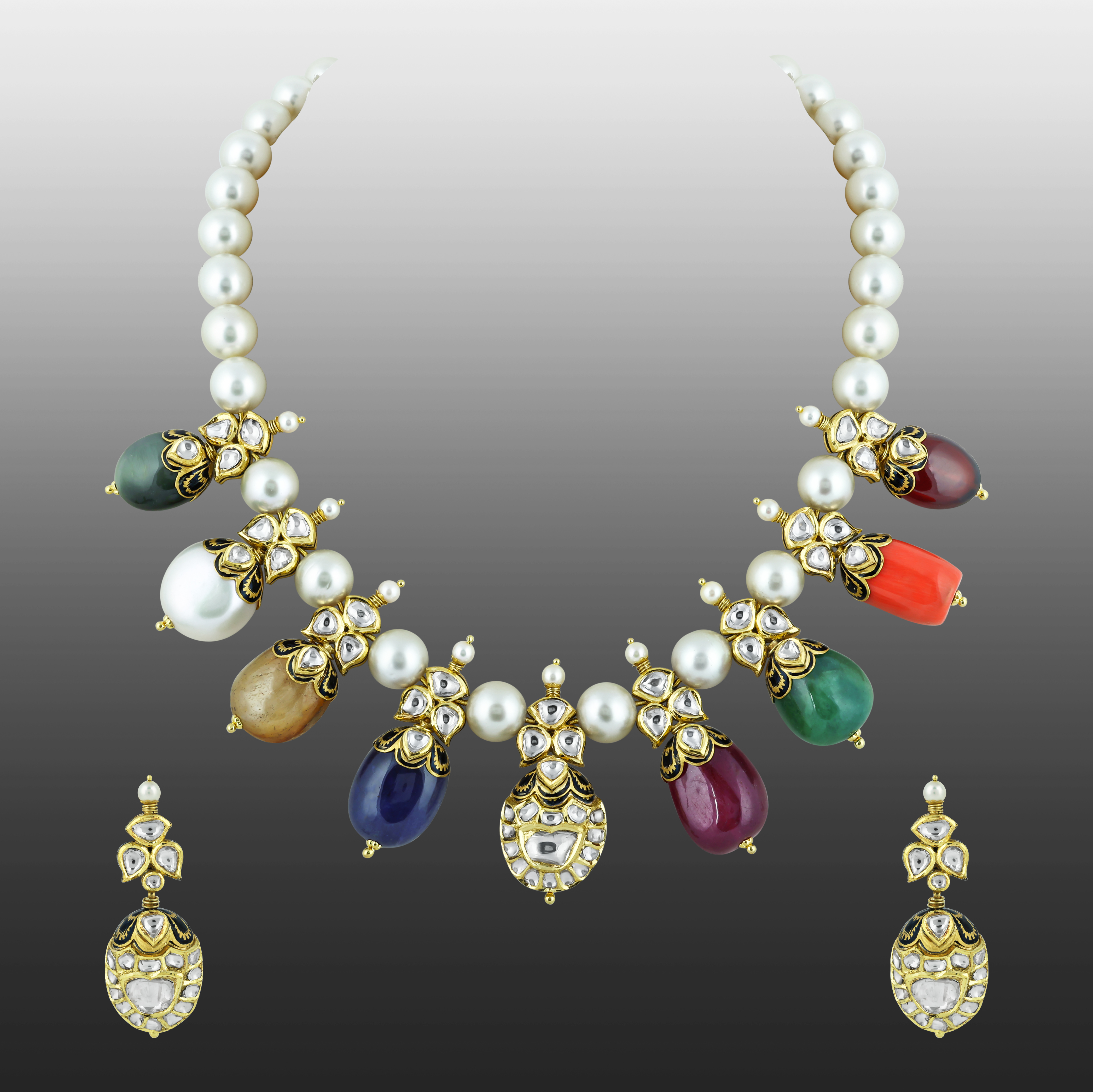 Navaratna Necklace Set with Pearls, Polki, and Vibrant Gemstones