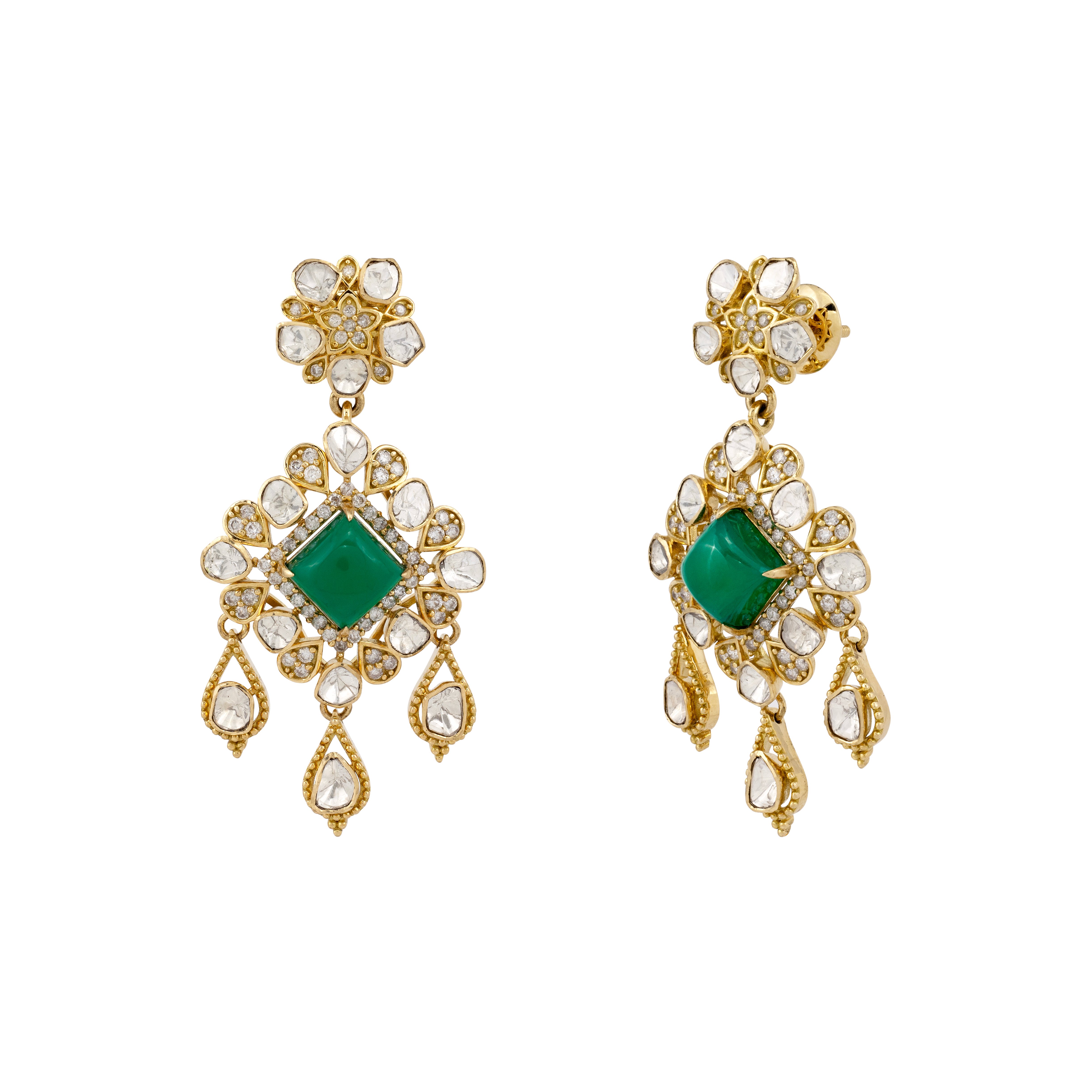 Polki Drop Earrings with Emerald Colour Center Stone