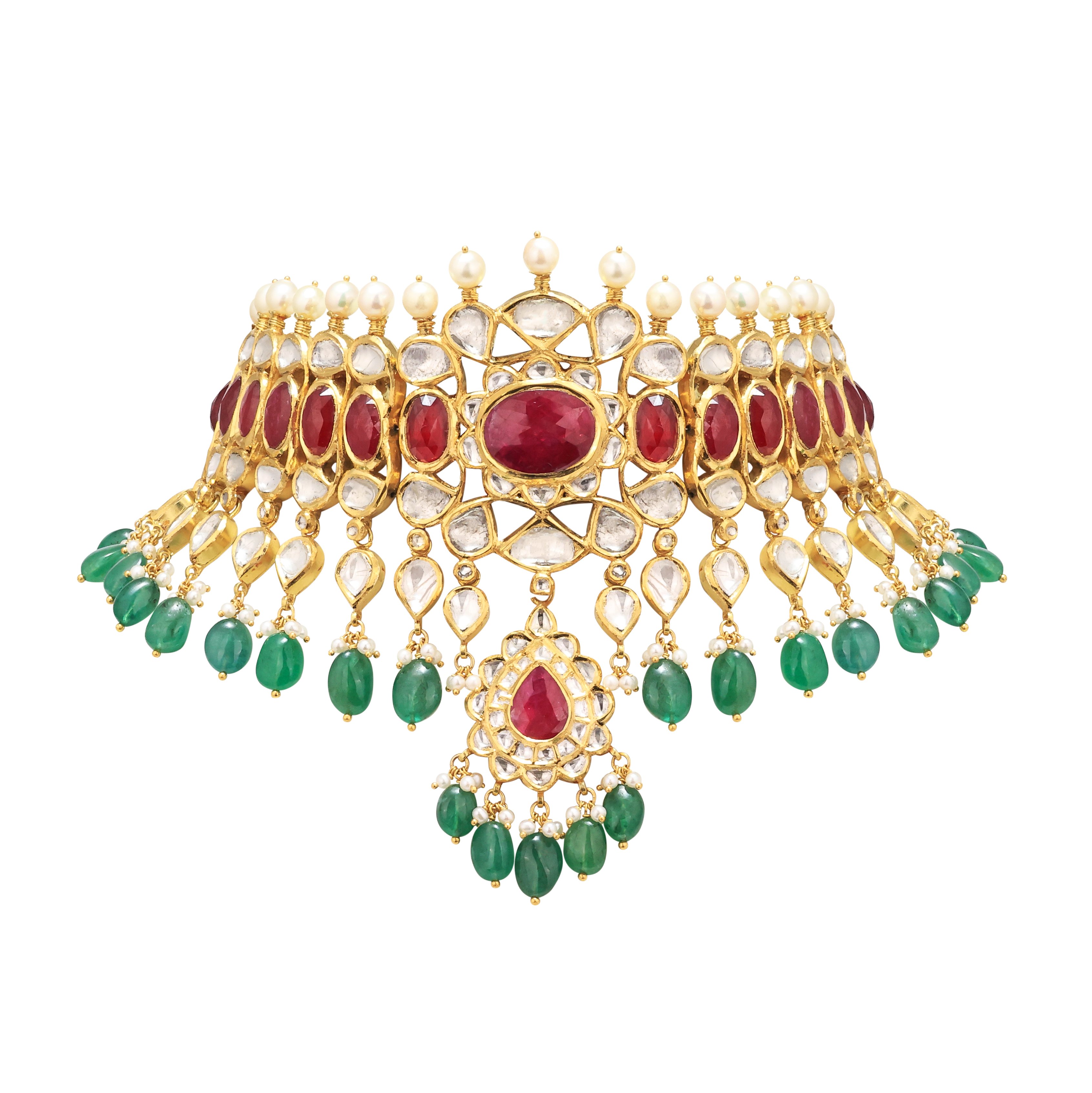 Polki Choker with Ruby Cabochon and Emerald Beads