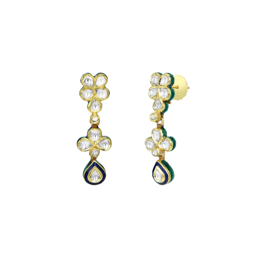 Floral Polki Earrings with Blue Enamel Drops