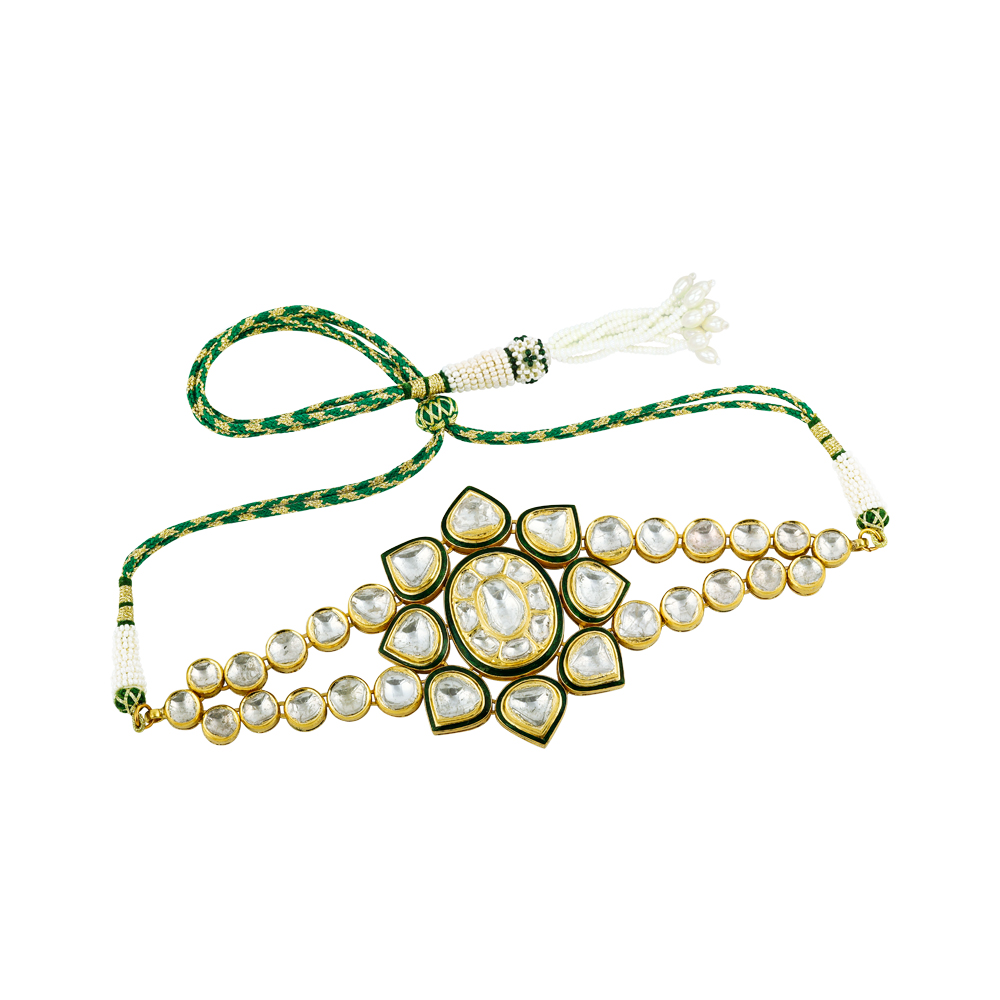 Floral Polki Choker with Green Enamel and Dual Polki Strings