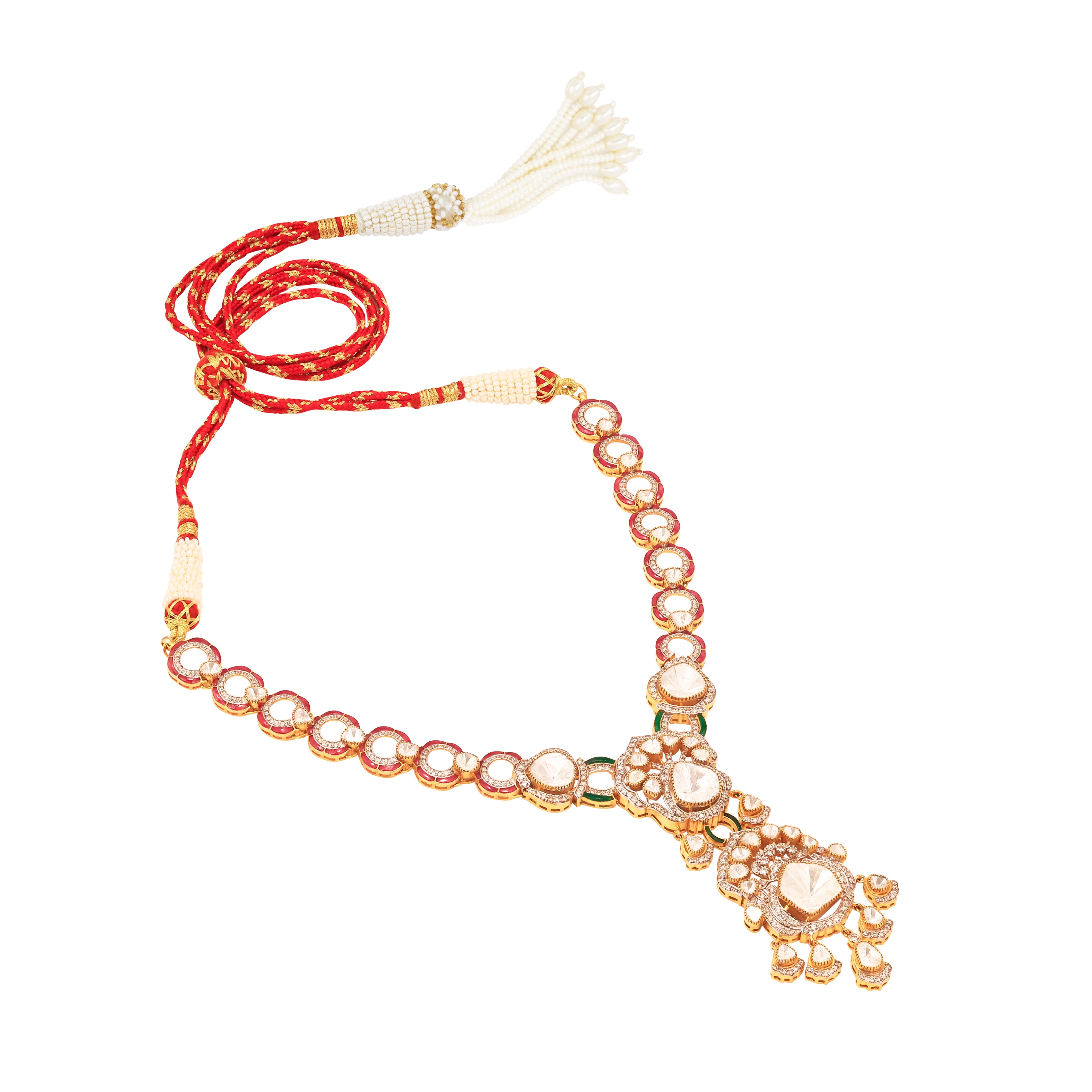 Double Polki Pendant Necklace with Ruby-Emerald Talaf