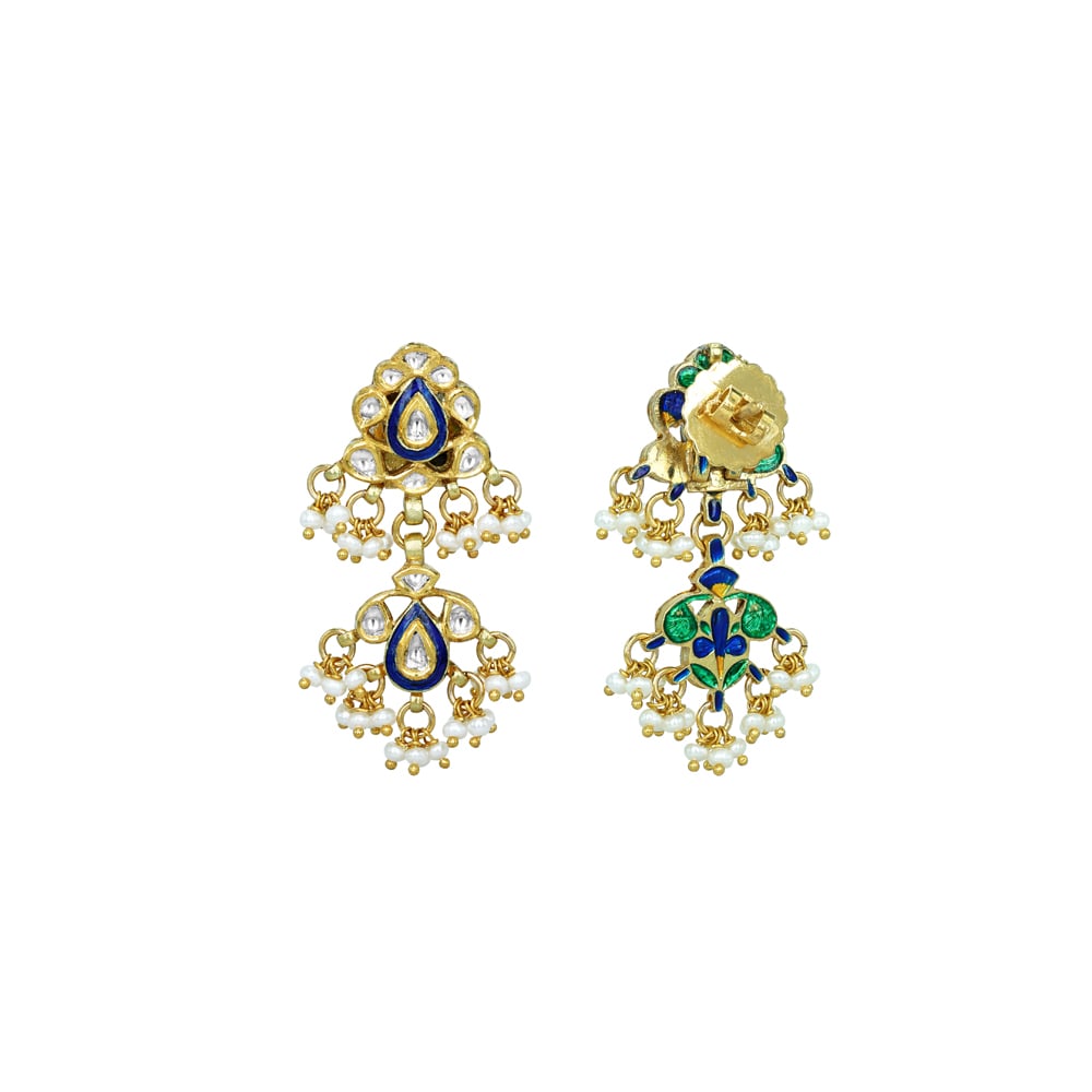 Double-Tier Blue Enamel Earrings with Polki and Pearl Drops