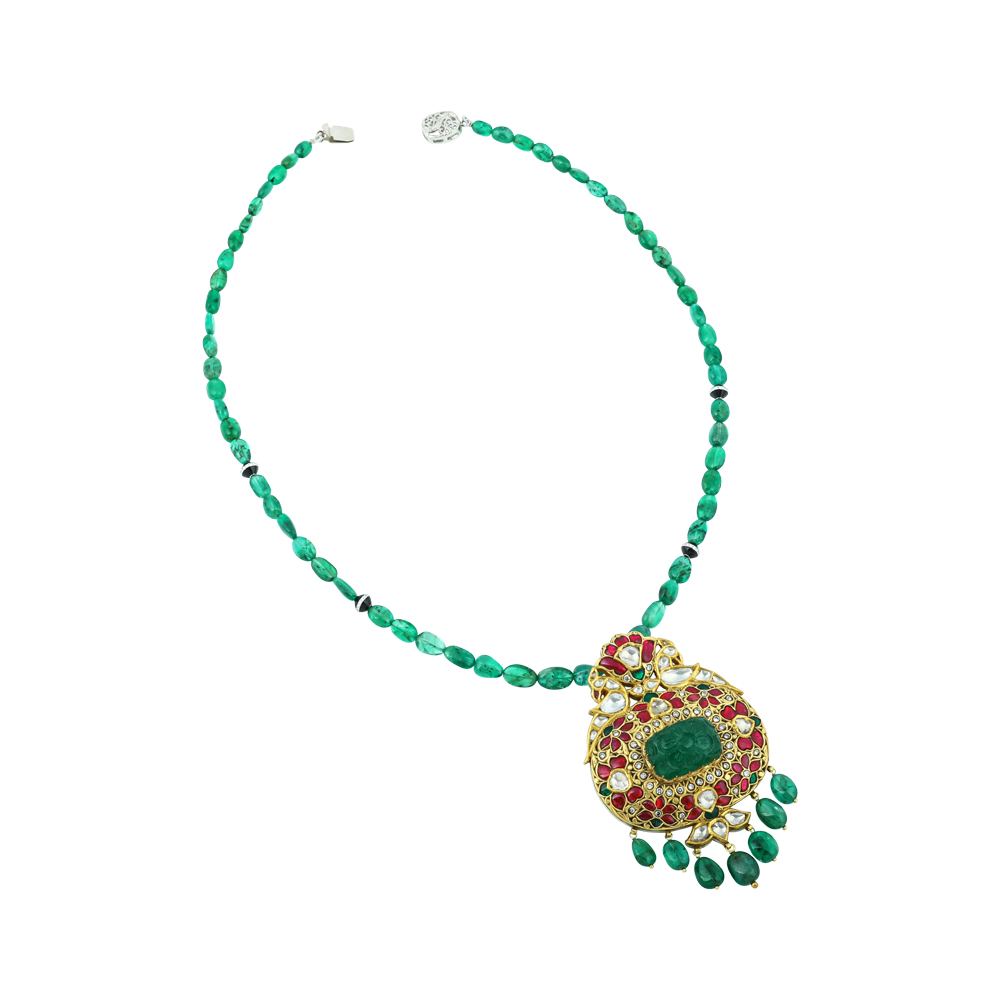 Emerald Bead Necklace Set with Red Talaf Pendant and Polki