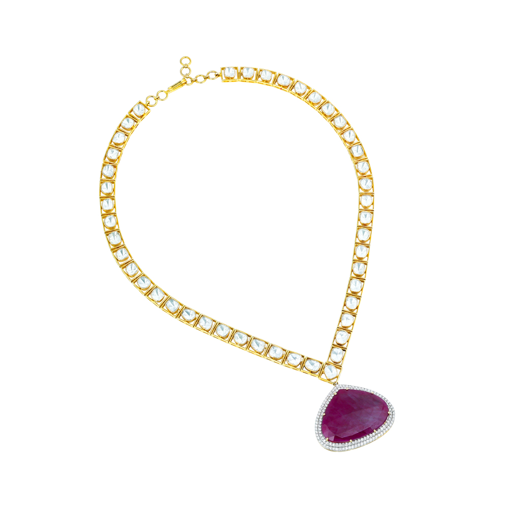 Ruby Polki Pendant Necklace Set with Diamond Halo