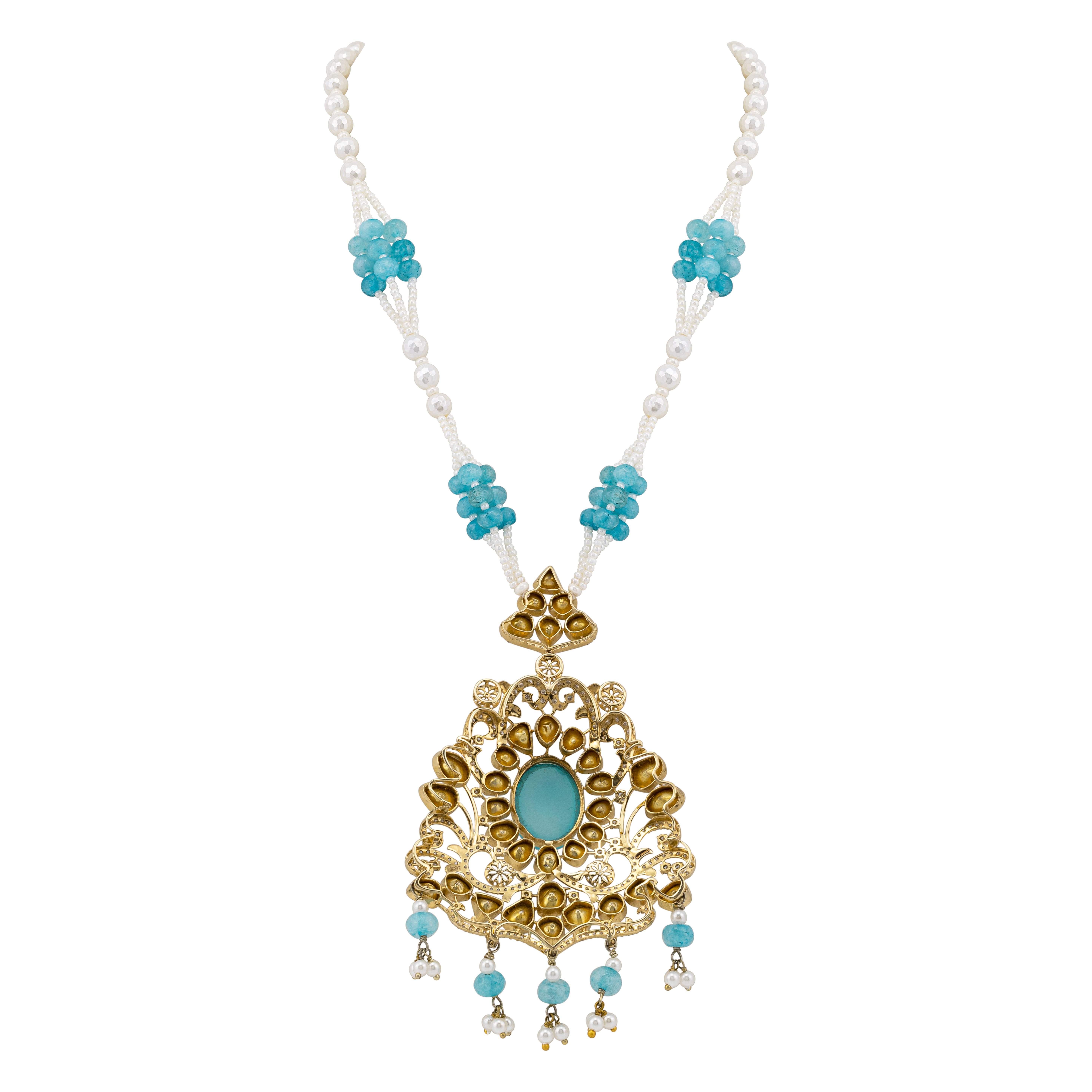 Aqua Pendant Necklace with Pearl and Polki Details