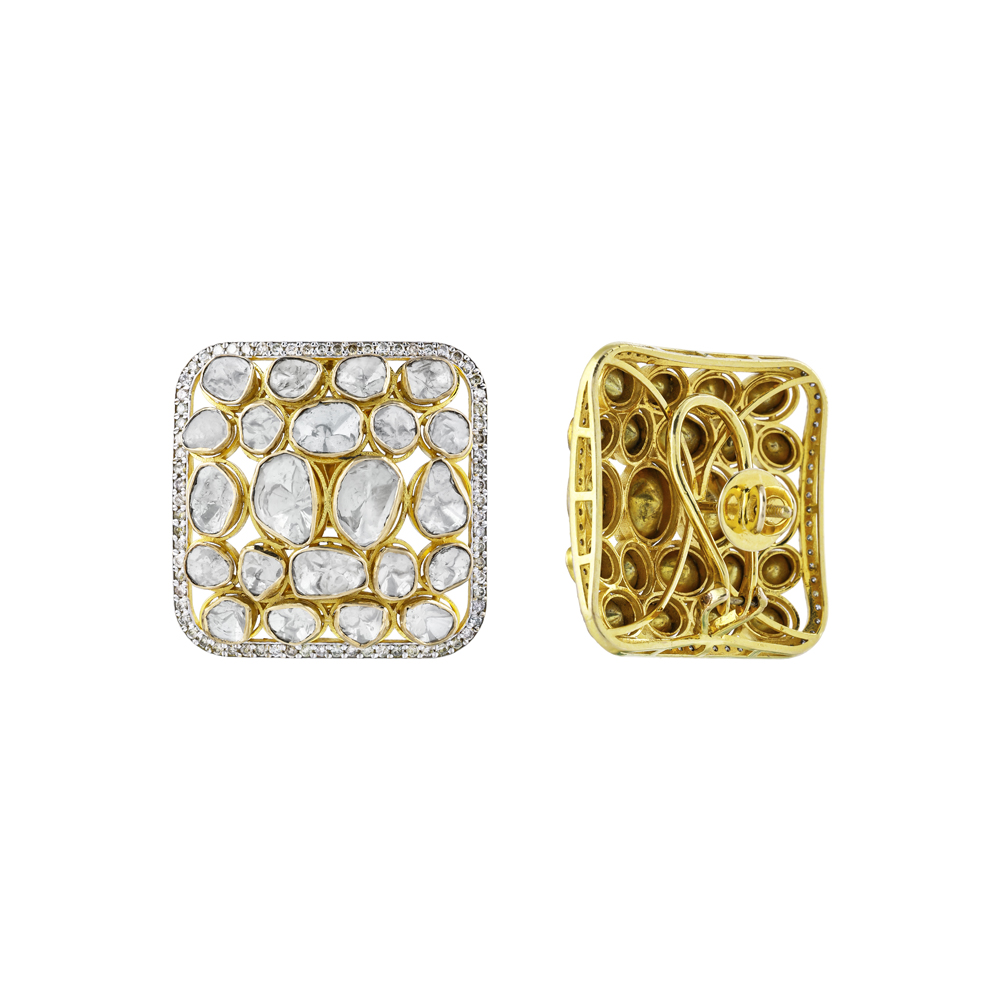 Square Diamond Earrings with Unshaped Cluster Polki
