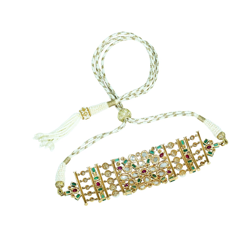 Polki Choker with Emerald Colour stone, Rubies, and Pearls