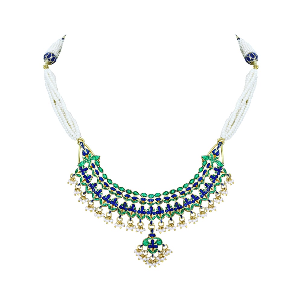 Blue Enamel Teardrop Necklace with Pearls and Fringe Details