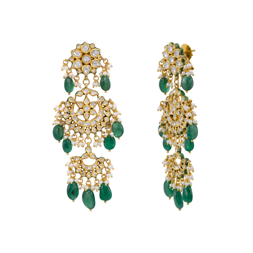 Double-Tier Chandbali Earrings with Emerald and Pearl Drops