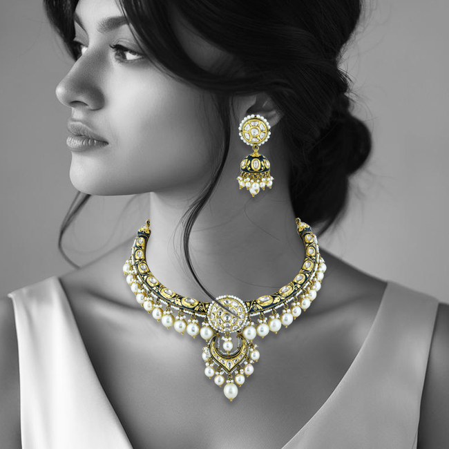 Hasli Polki Necklace Set with Black Enamel and Pearls