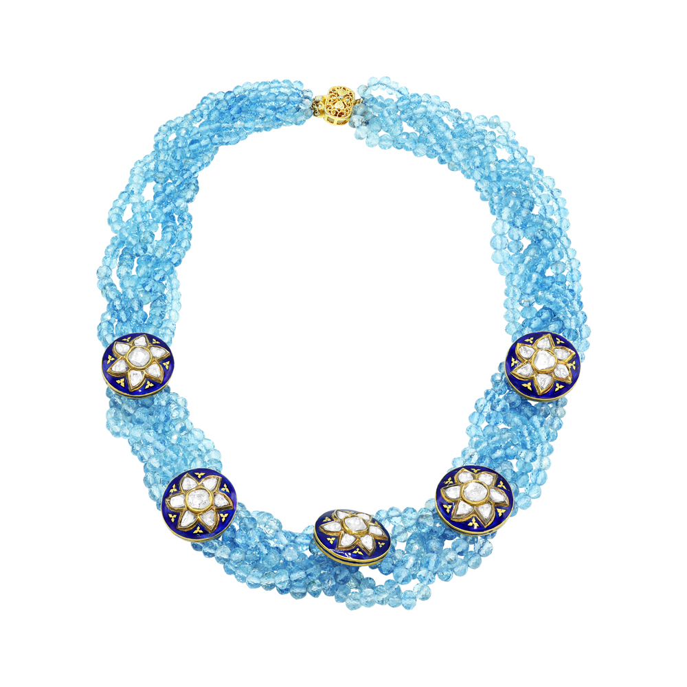 Blue Bead Necklace with Star Meena Buttons and Polki
