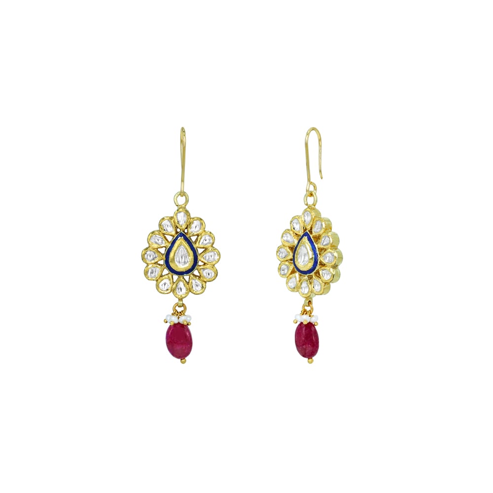 Floral Polki Earrings with Blue Enamel and Ruby Bead Drops