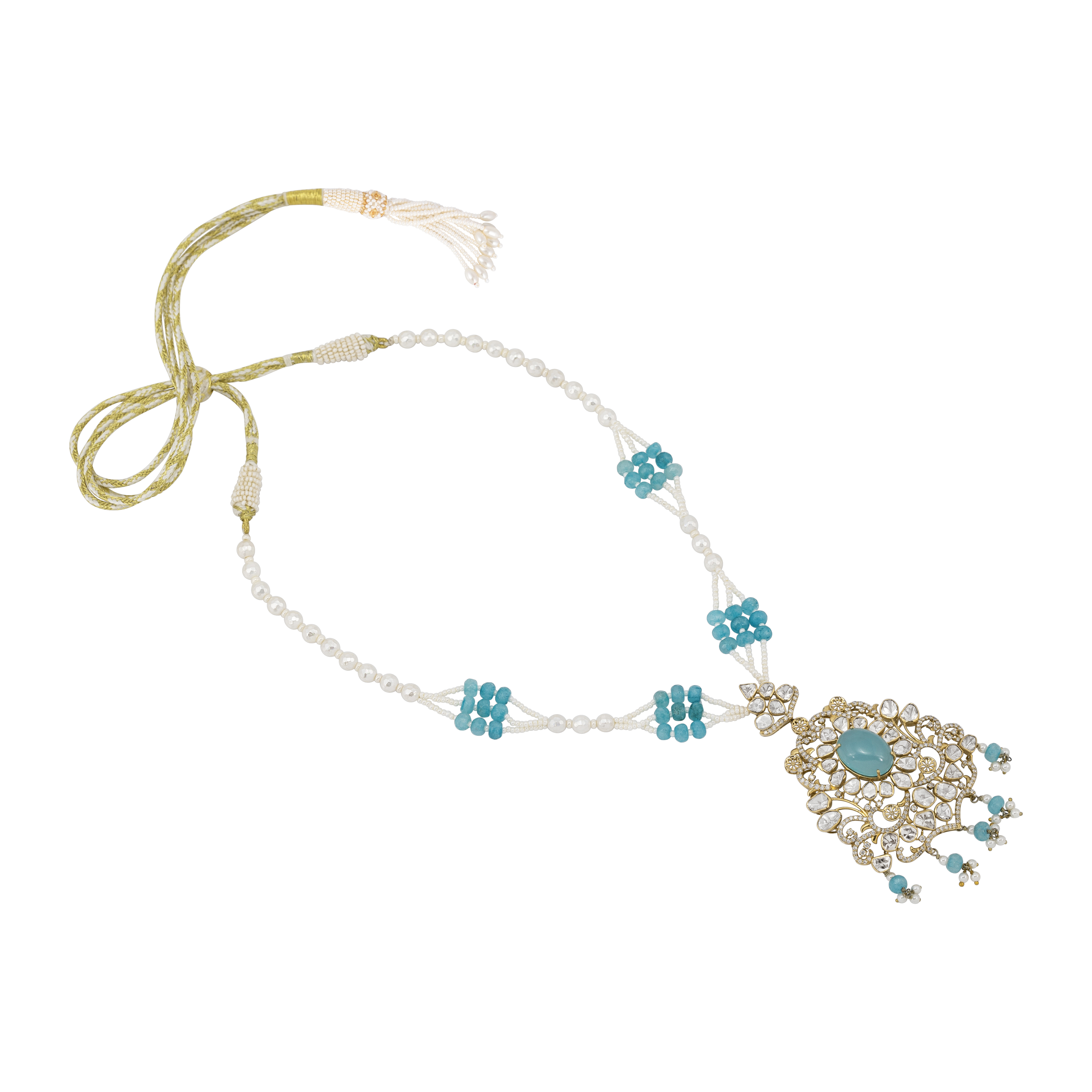Aqua Pendant Necklace with Pearl and Polki Details