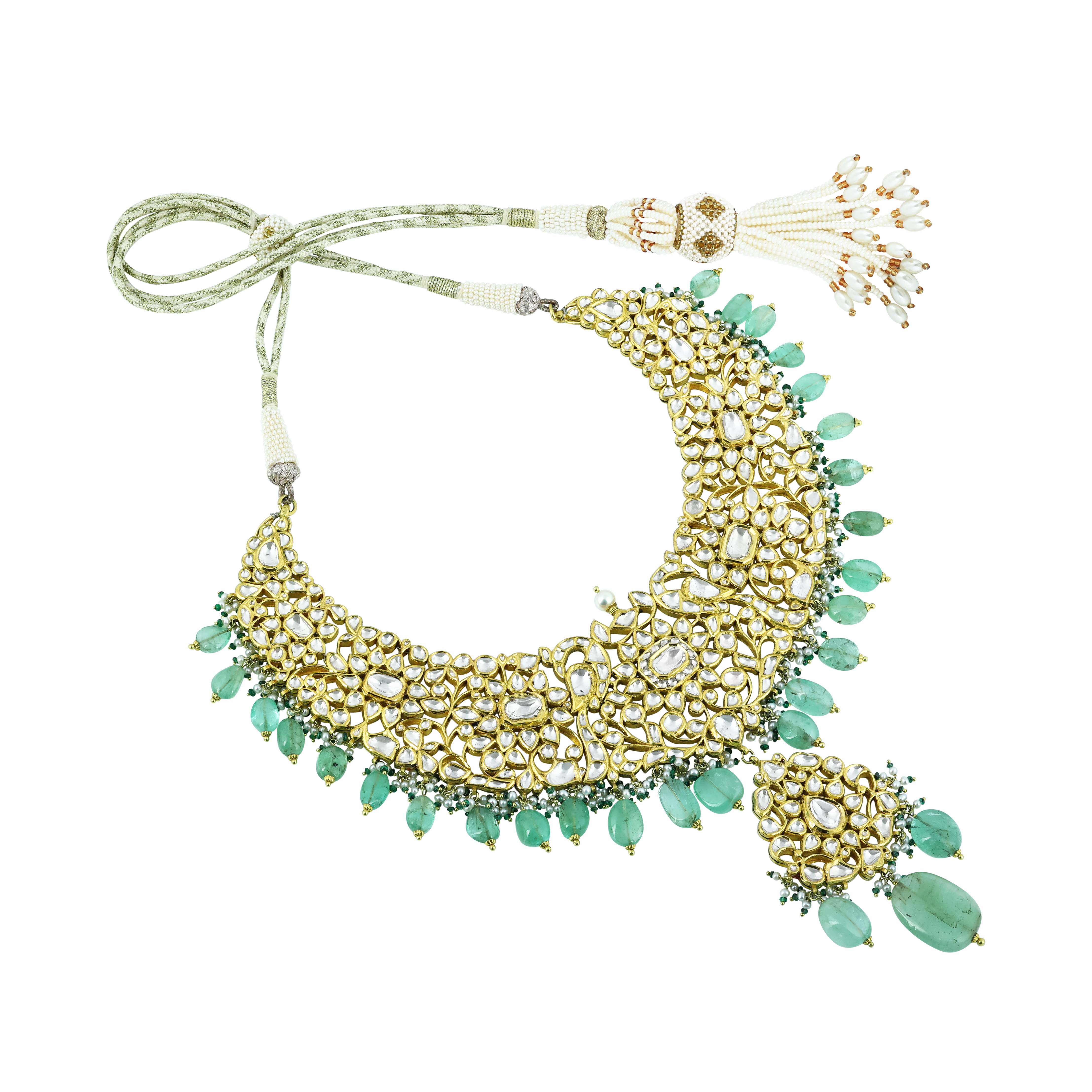 Polki Necklace Set with Gold Detailing and Emerald Drops