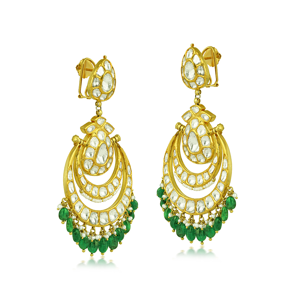 Chandbali Earrings with Polki, Emerald Maniya, and Pearls