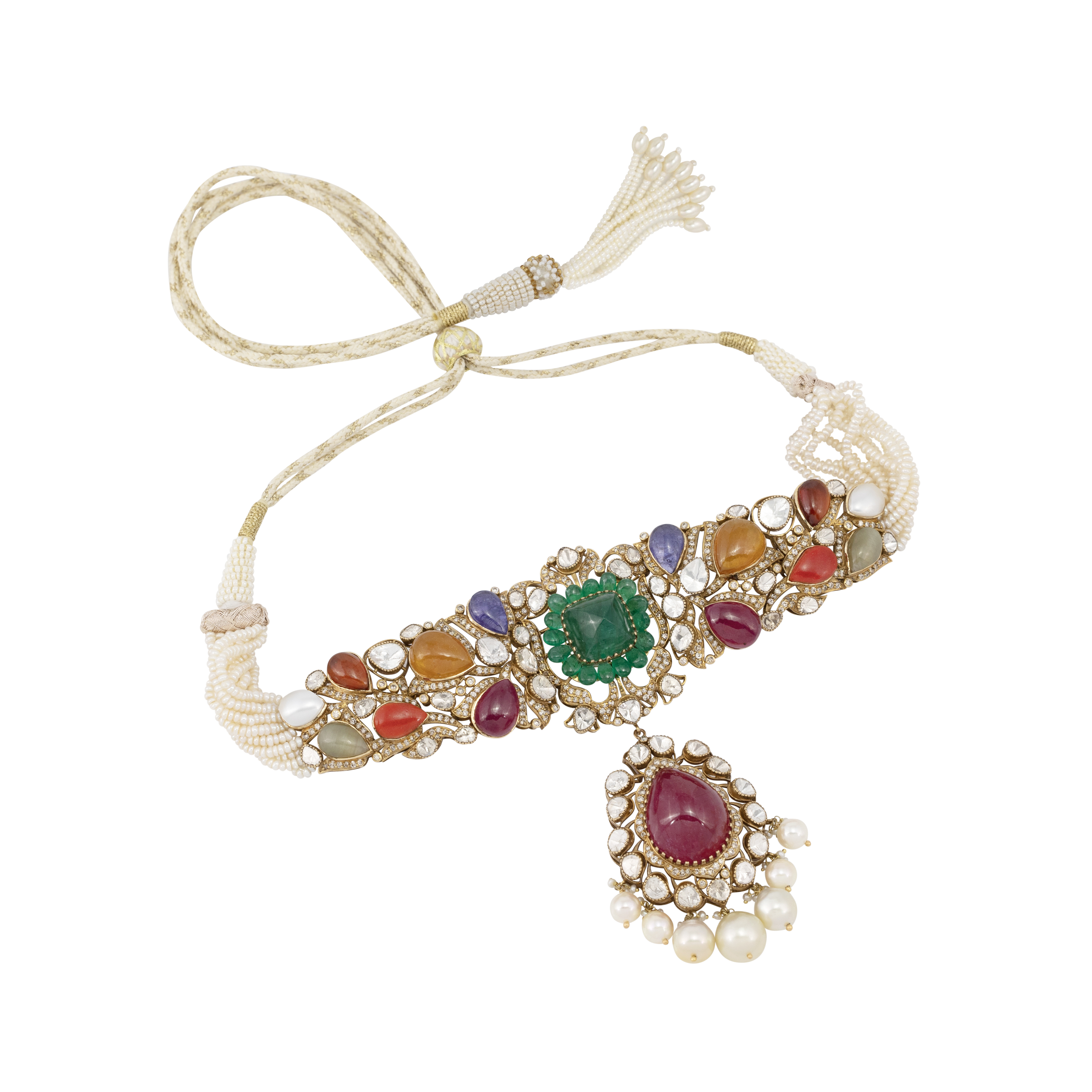 Antique Navratan Choker with Uncut Polkis and Cabochons