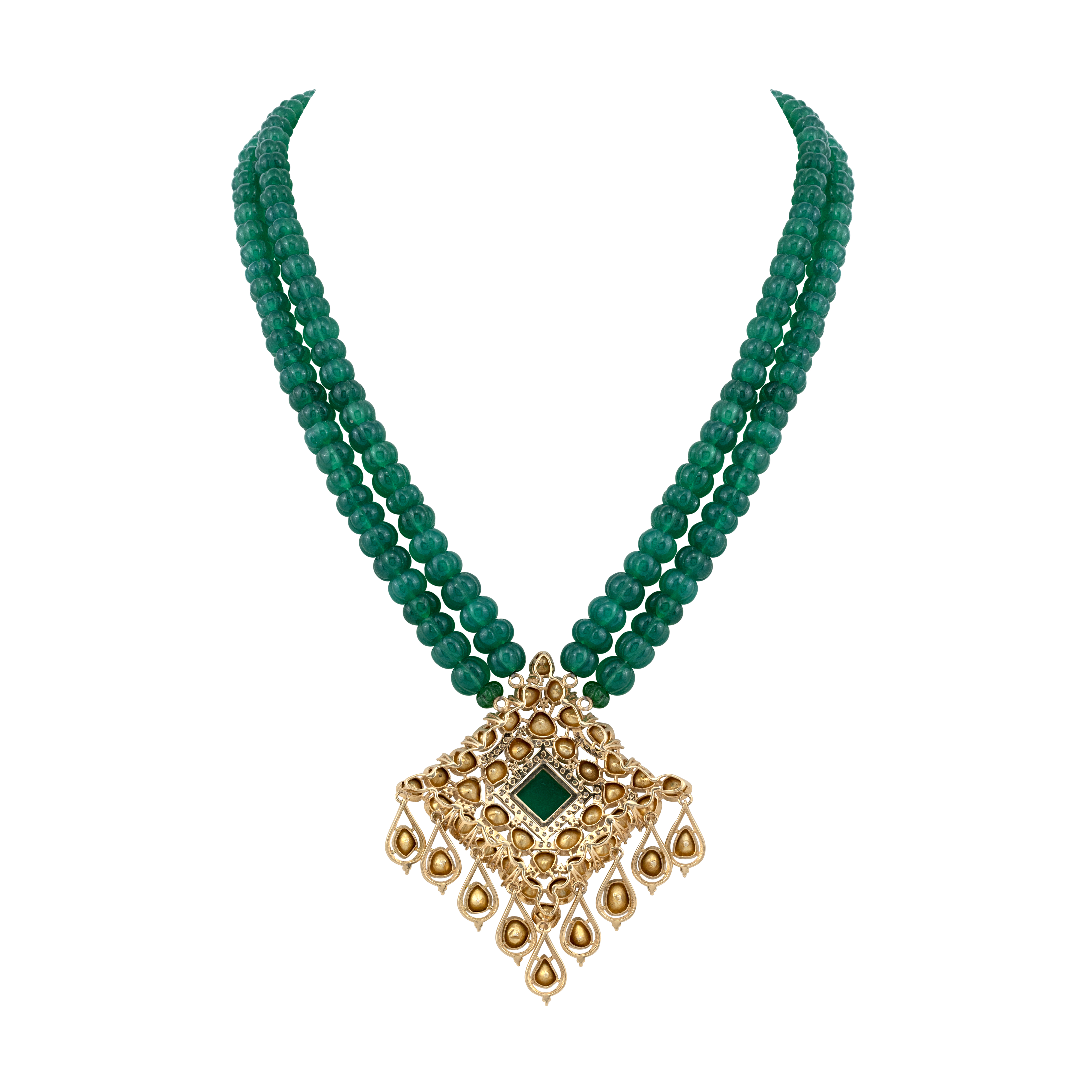 Deep Green Beaded Necklace with Polki Diamond Pendant