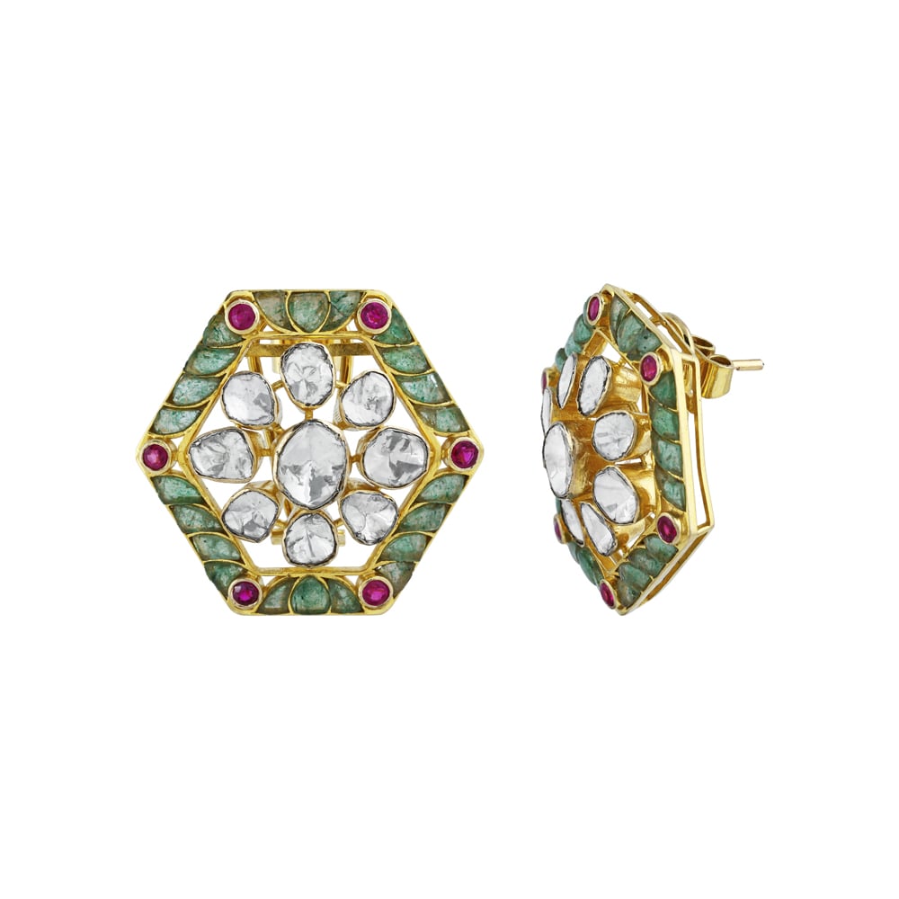 Geometric Hexagonal Earrings with Uncut Diamonds and Colourstone Talaf