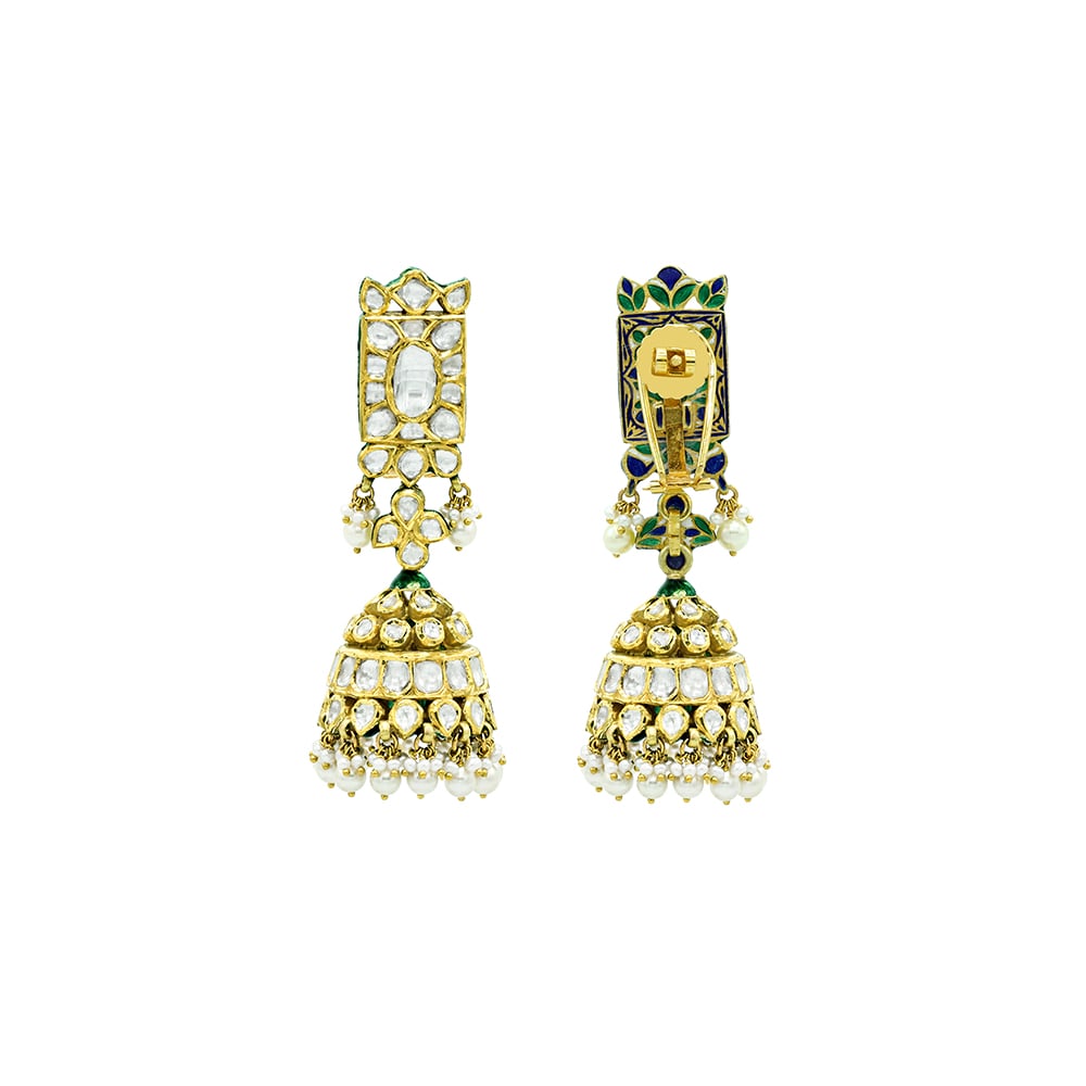 Gold Jhumki Earrings with Polki, Ivory Finish, and Pearls