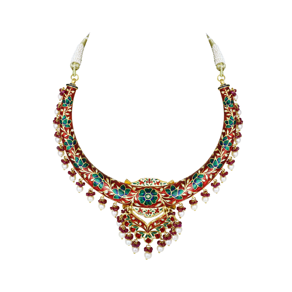 Hasli Necklace with Polki, Ruby Beads, and Pearls