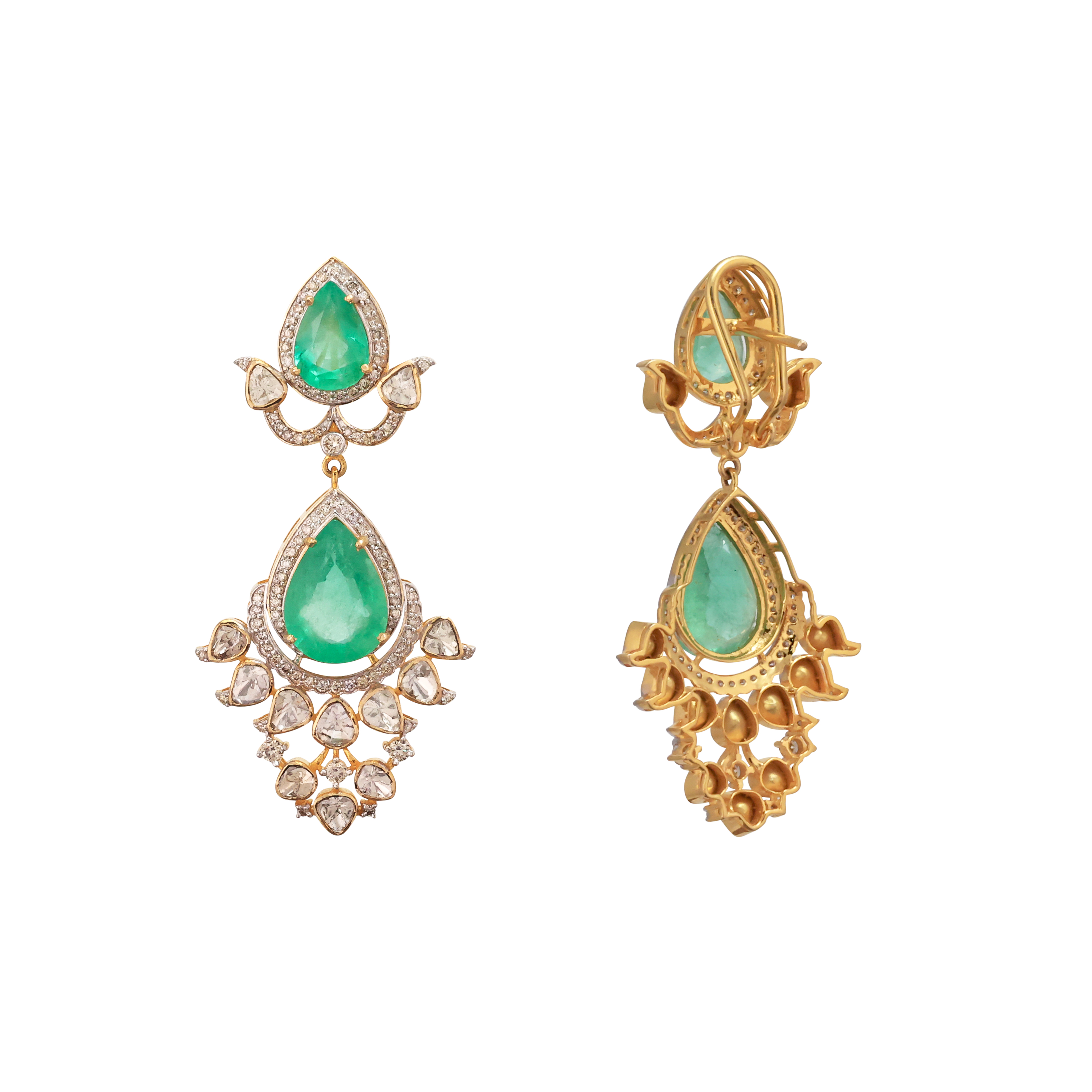 Pear Emerald Necklace Set with Diamond and Polki Detailing