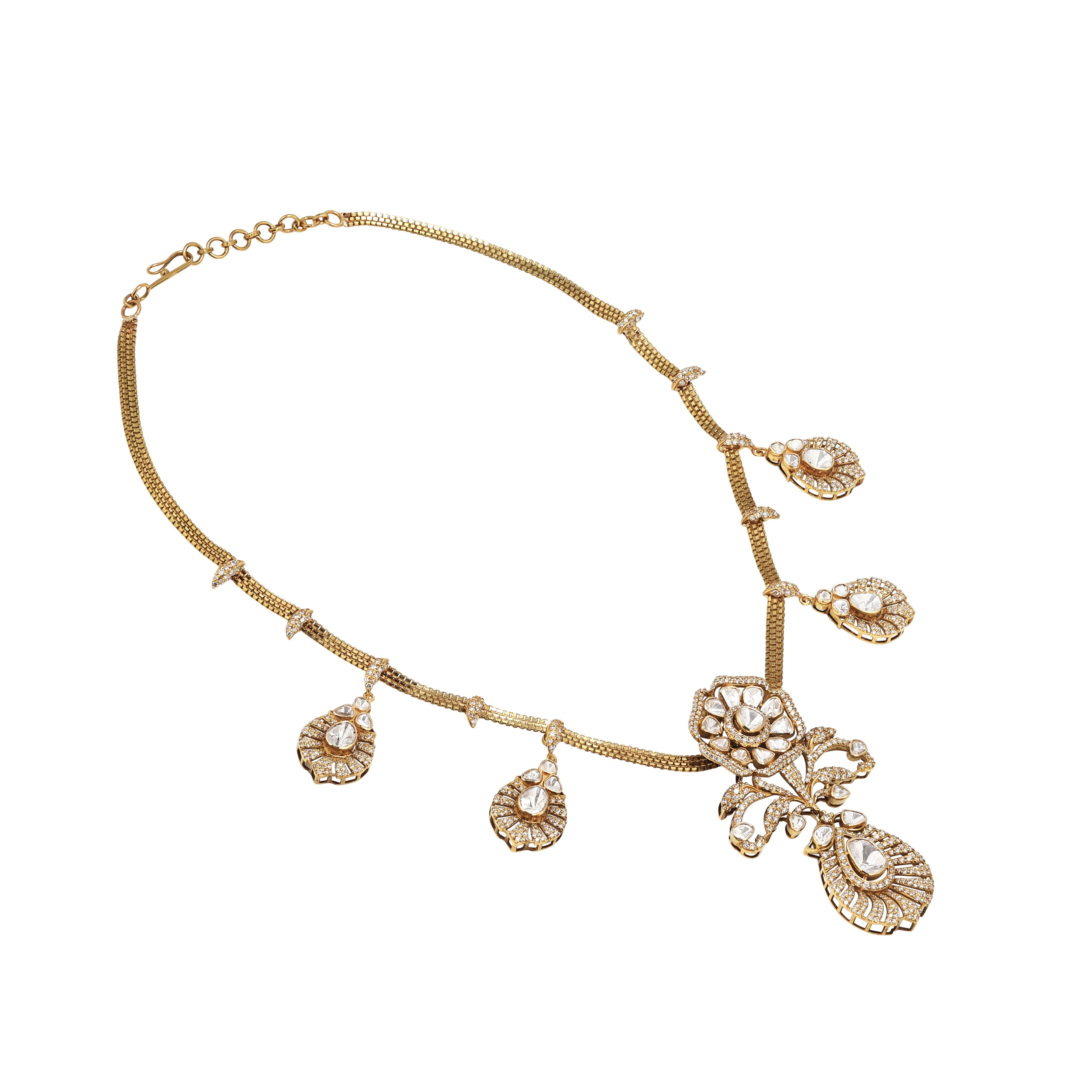 Antique Style Polki and Diamond Pendant Necklace