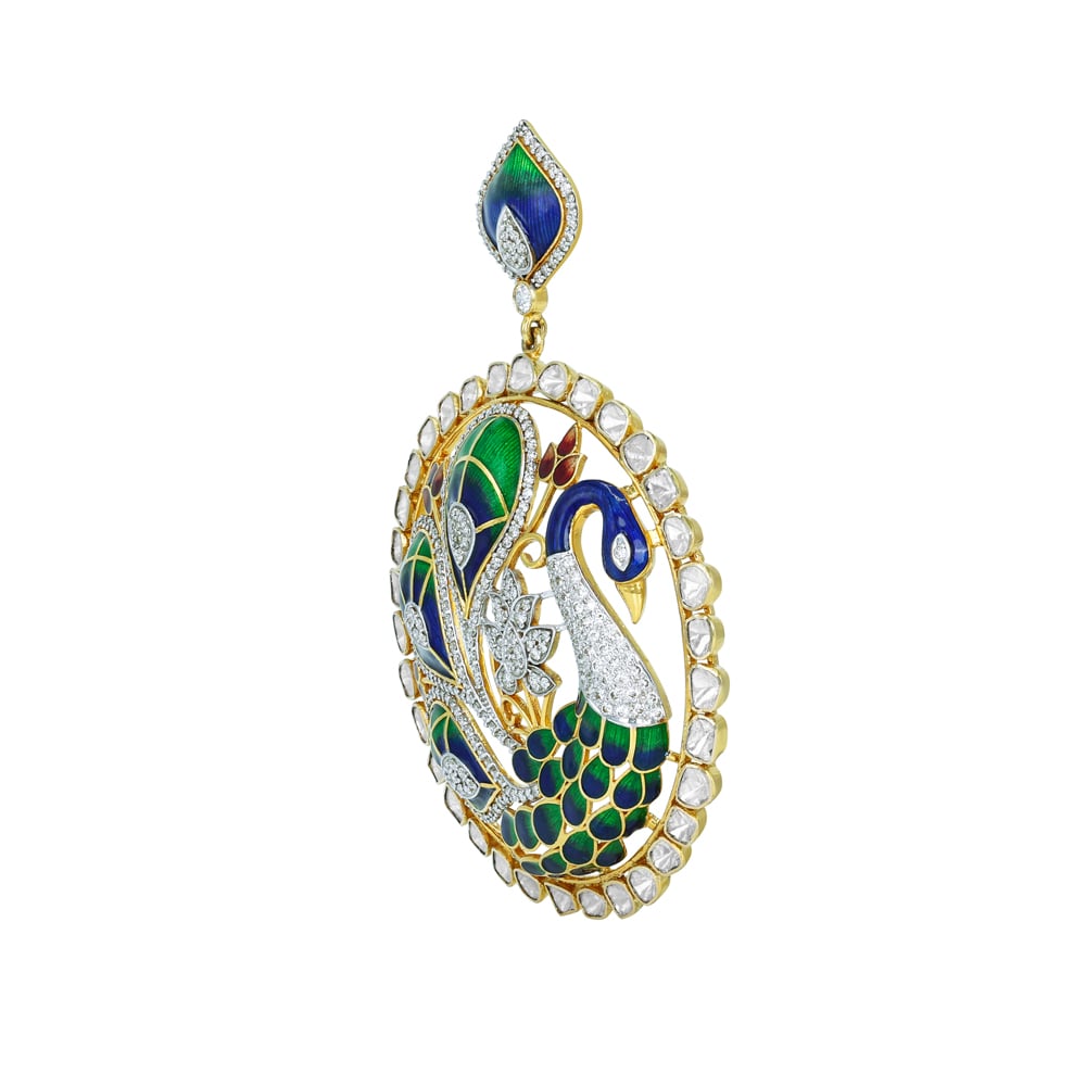 Peacock Pendant with Polki and Vibrant Enamel Artistry
