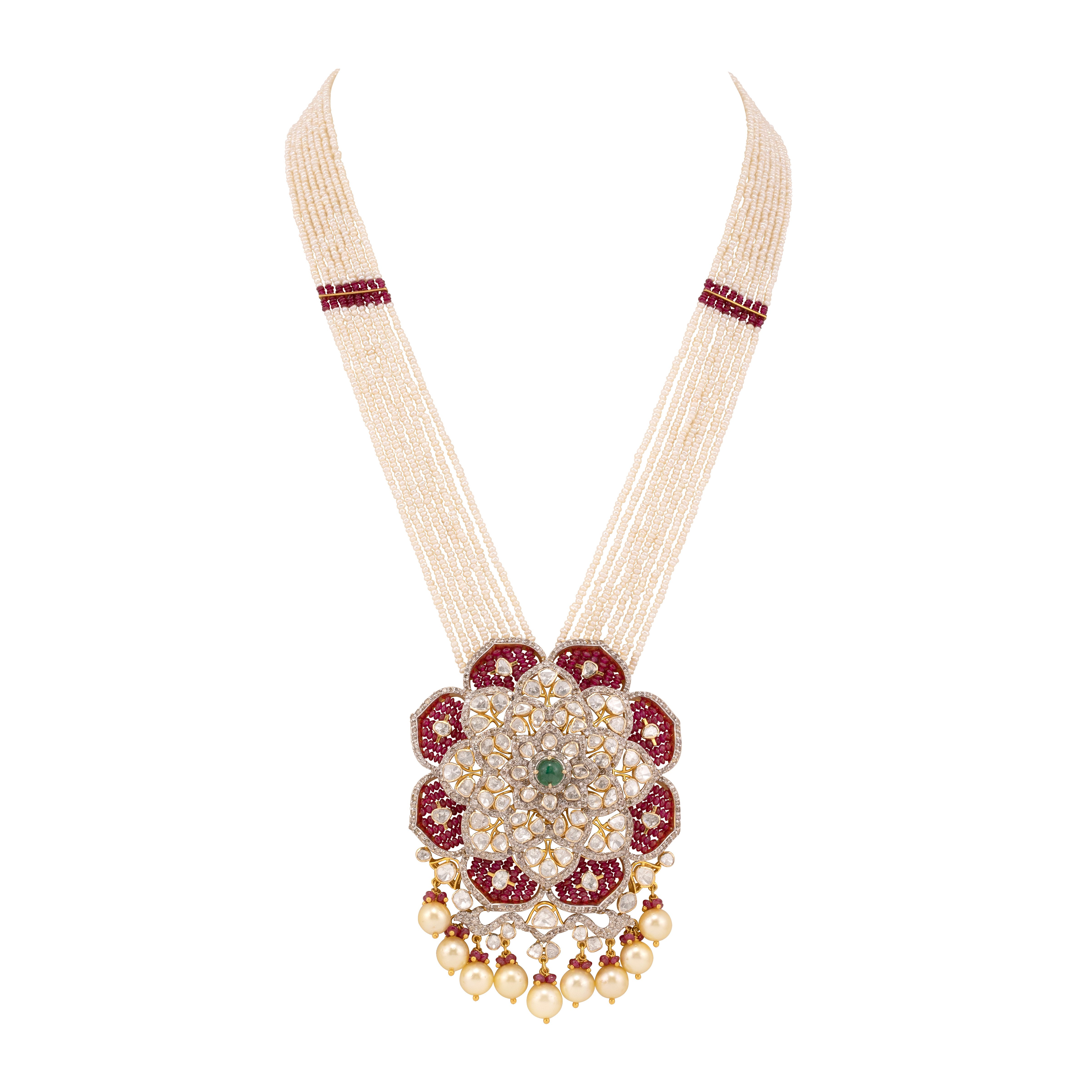 Pearl Strand Necklace with Polki, Ruby, and Emerald Pendant