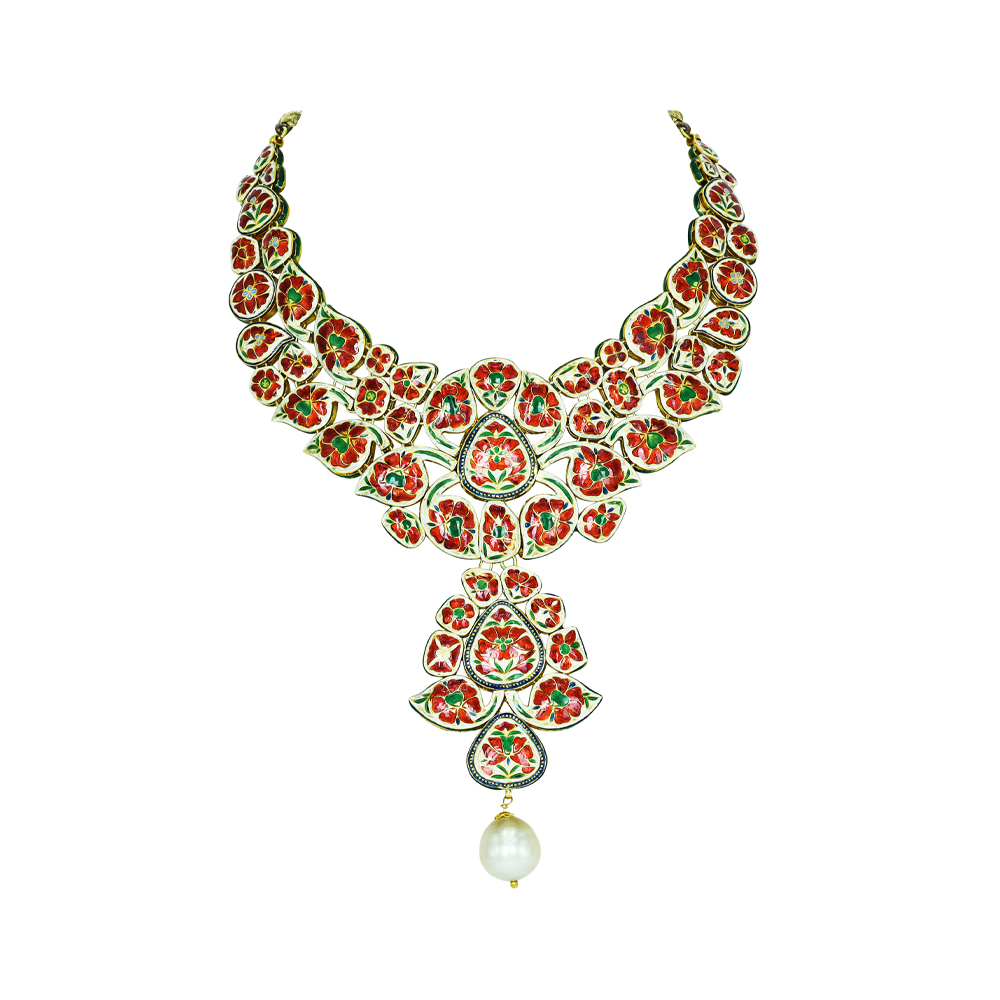 Asymmetrical Polki Necklace Set with Green Enamel and Pearl Drop