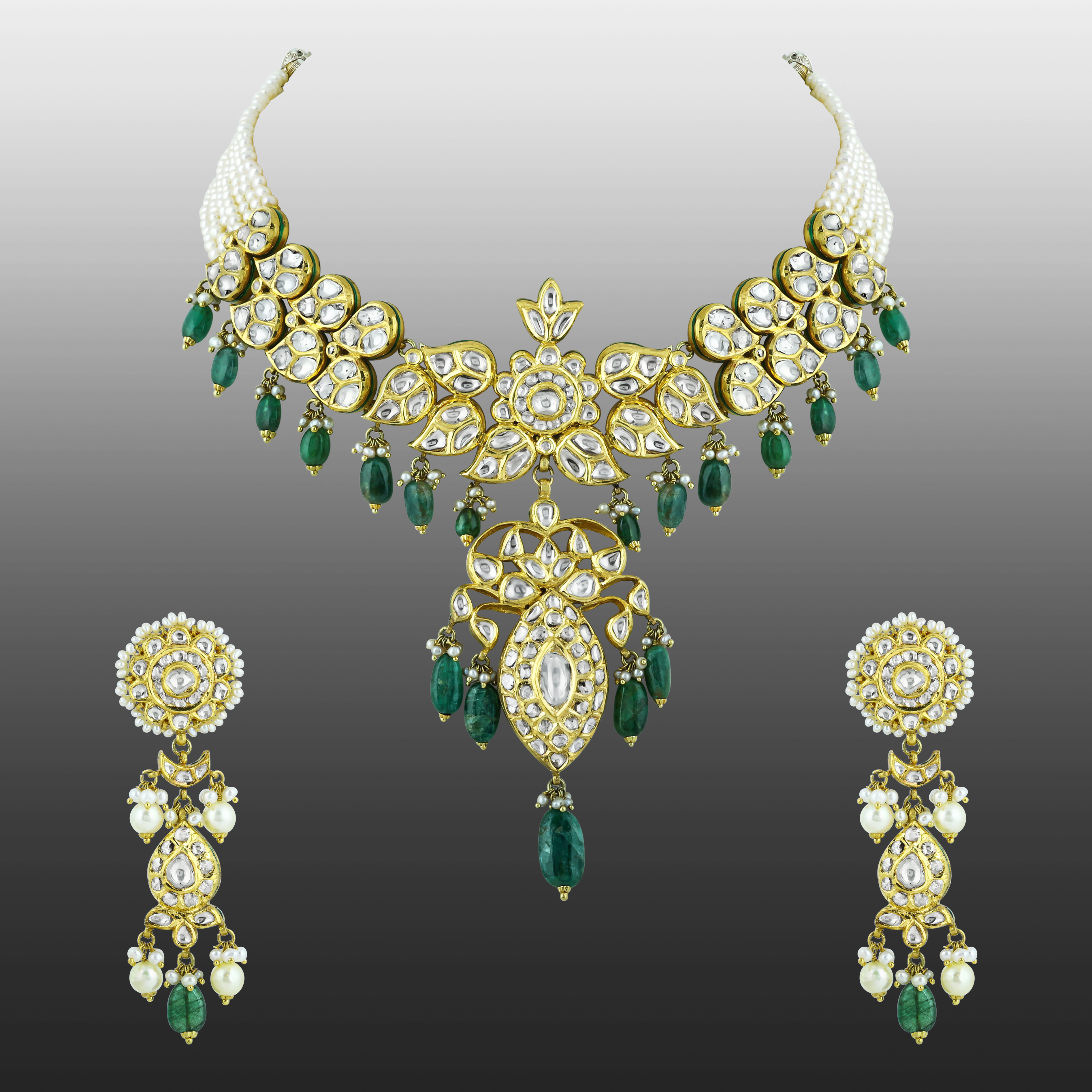 Polki Necklace Set with Emerald Drops and Pearl Strands