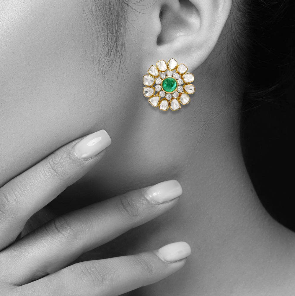Floral Polki Stud Earrings with Center Emerald and Diamond Cluster