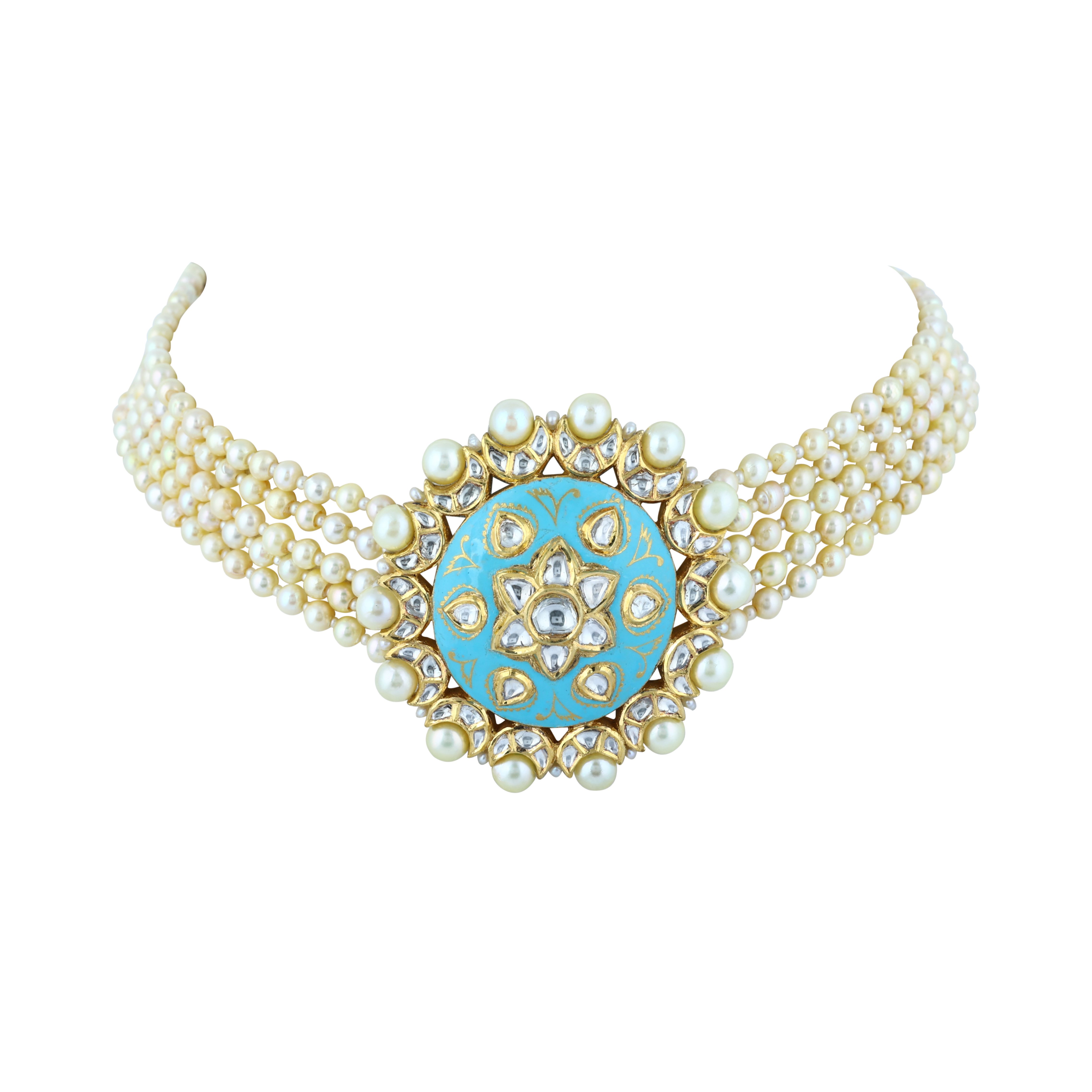 Pearl Choker with Turquoise Enamel and Floral Polki Centerpiece
