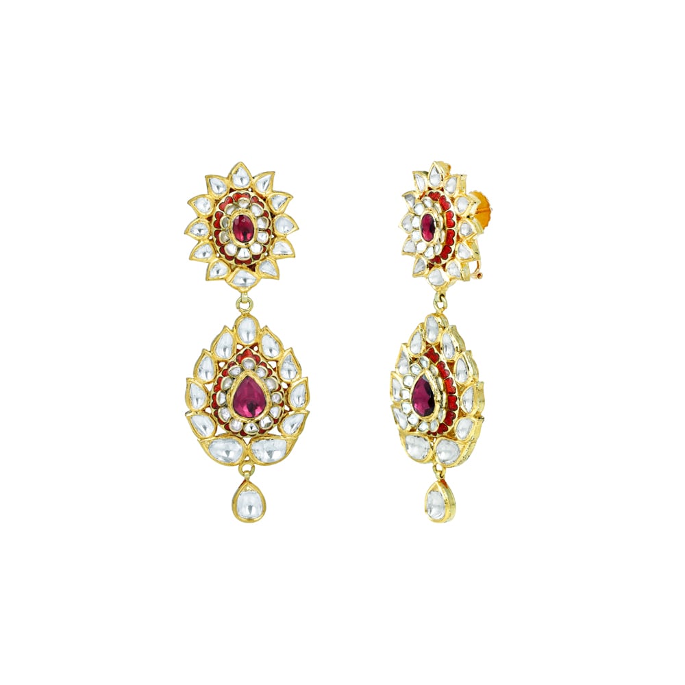 Floral Polki Earrings with Rhodolite and Red Enamel