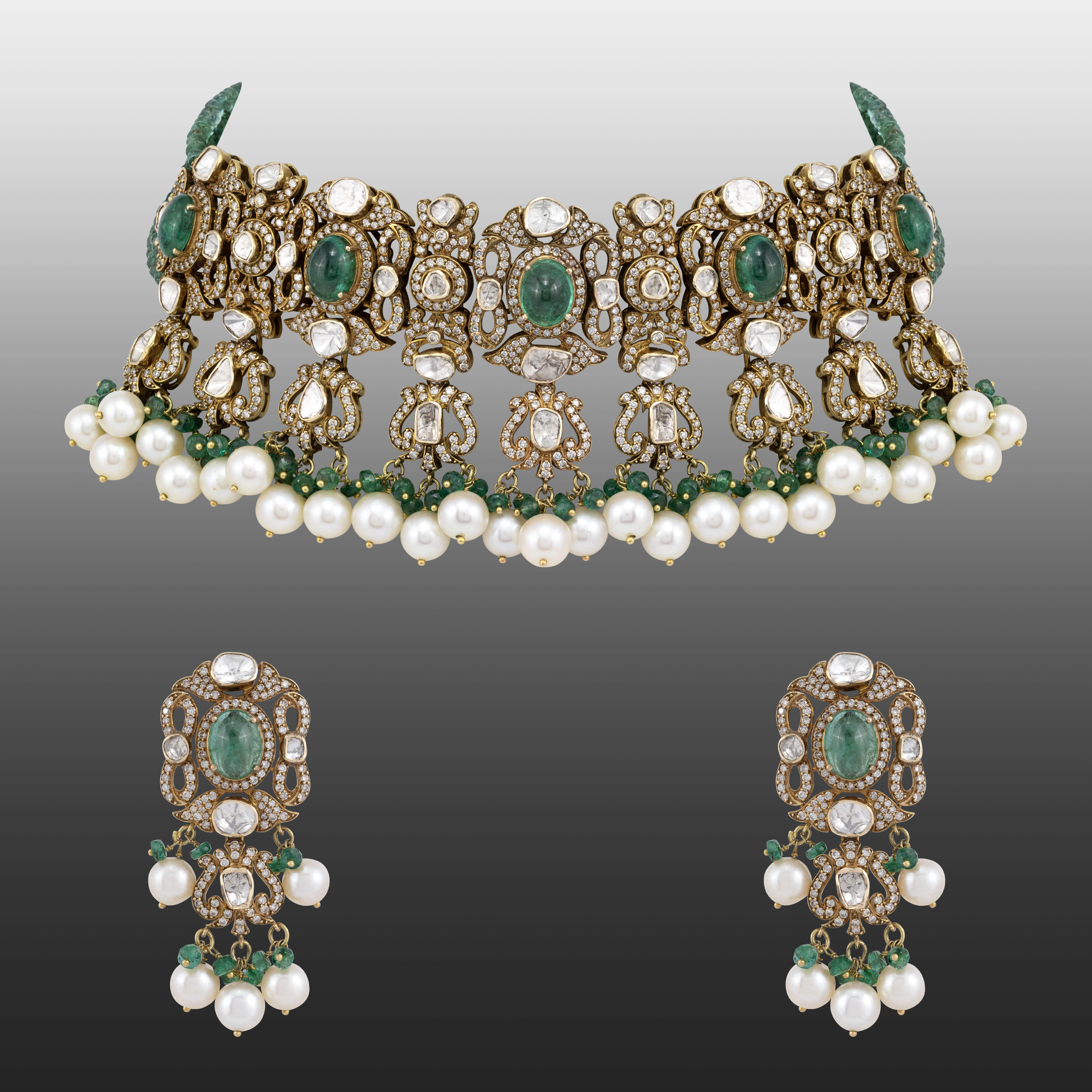 Antique Polki Choker Set with Emeralds , Diamonds and Pearl Clusters