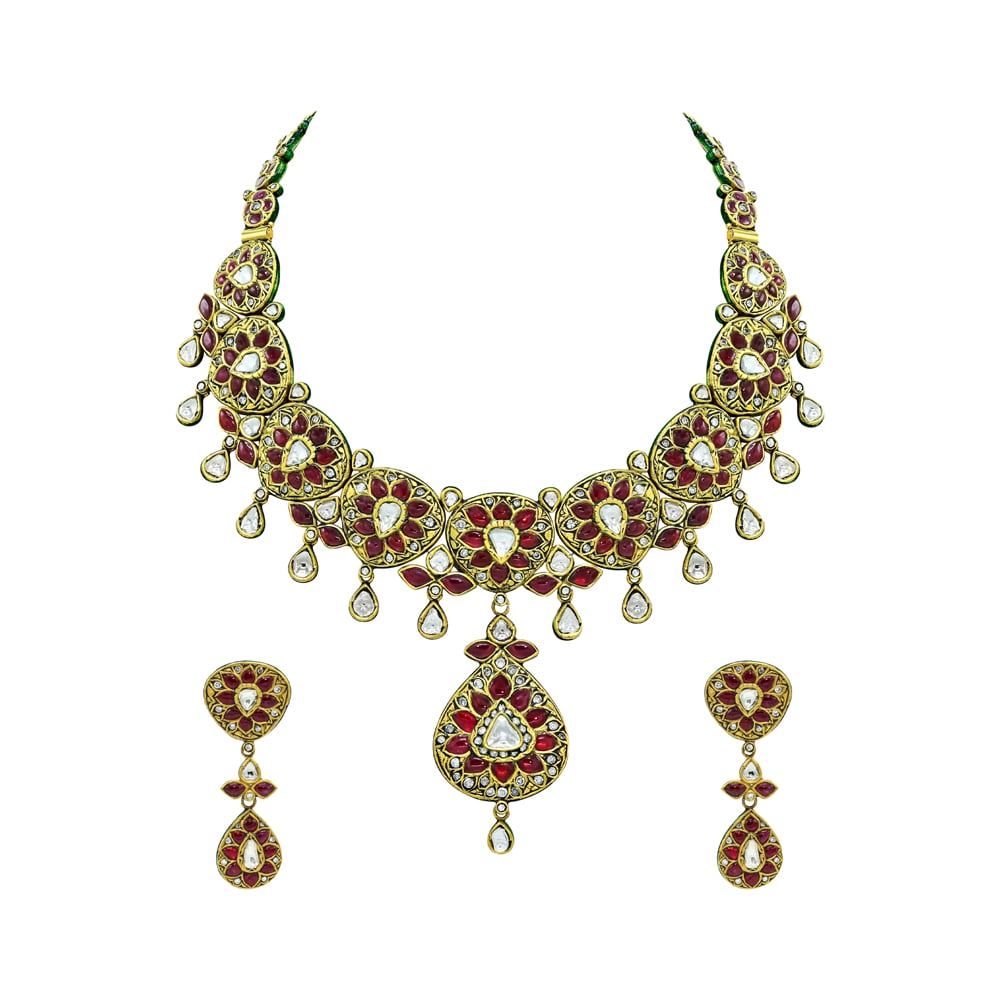 Red Talaf Necklace Set with Polki and Drop Details