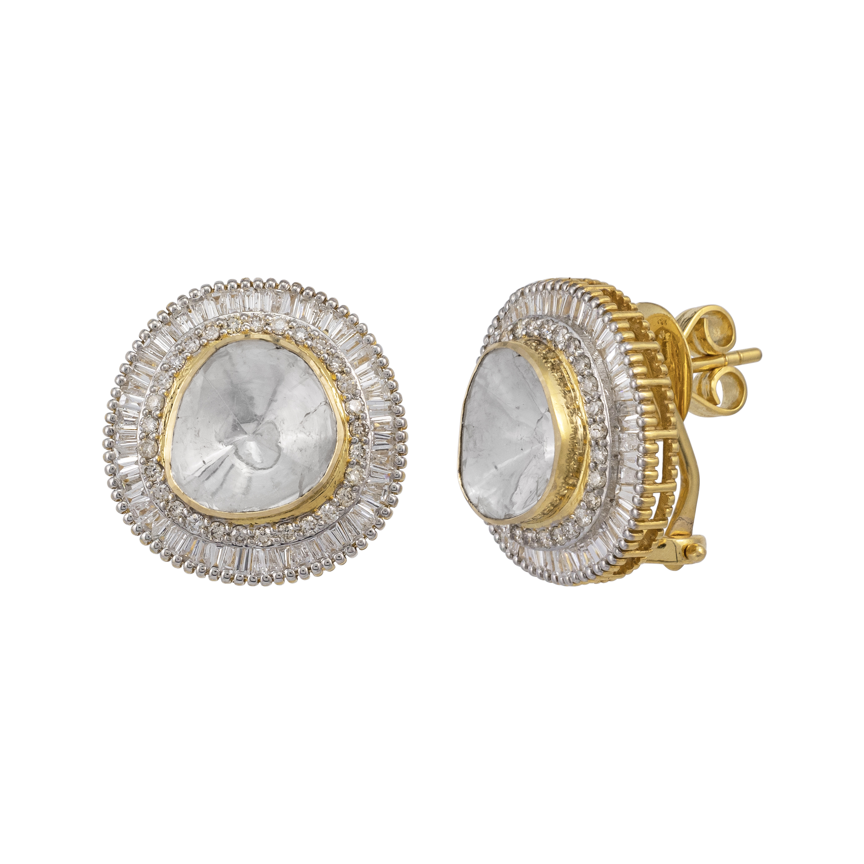 Polki Stud Earrings with Baguette and Full-Cut Diamond Halo